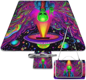 Large Beach Mat for Women Men Unisex, Foldable Waterproof Trippy Space Alien Weed Art Blanket for Outdoor Park Travel Picnic Accessories