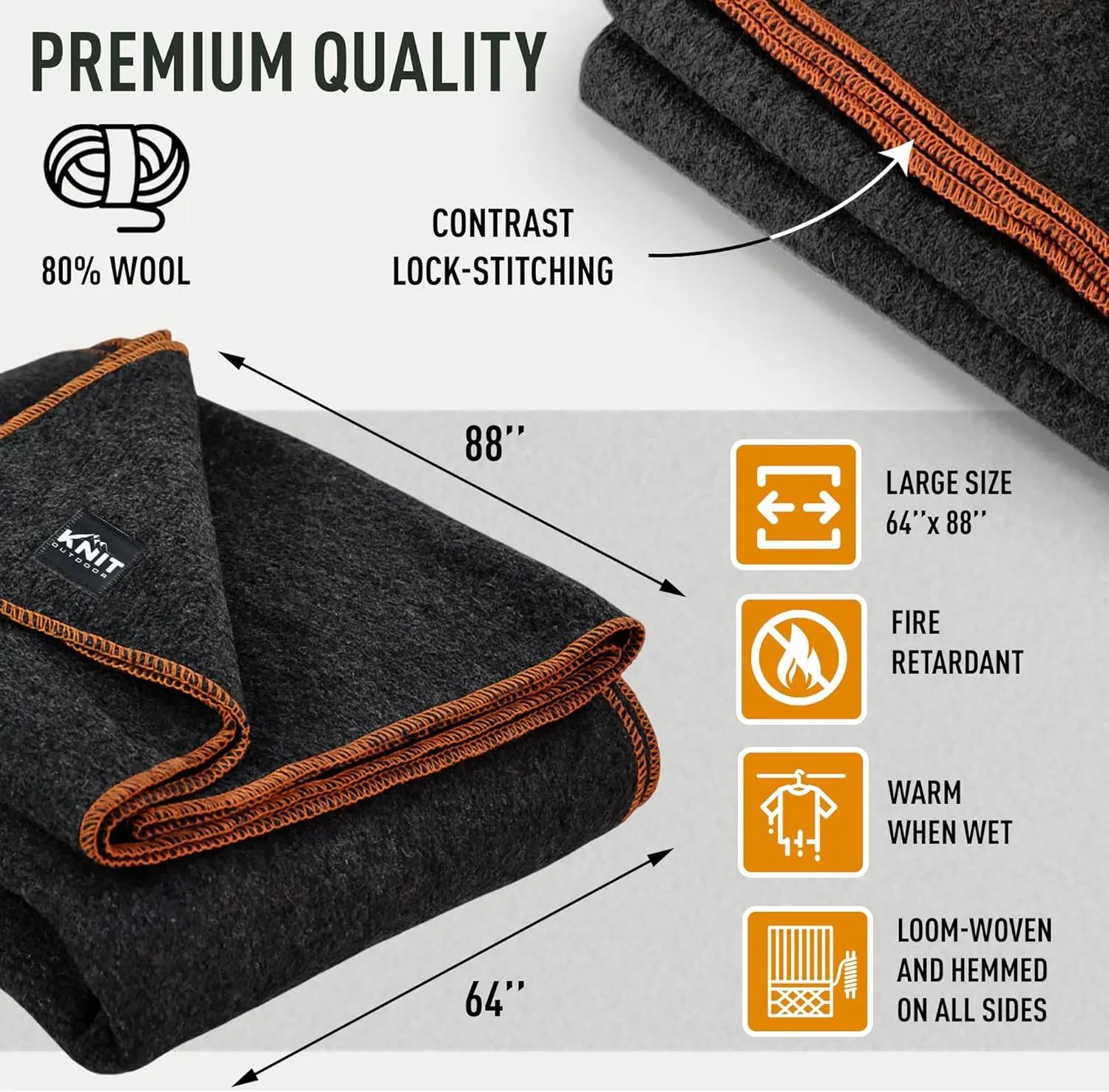 Large Military Wool Blanket - Warm & Thick Emergency Survival Blanket Great for Camping, Outdoors, Sports Events, Picnics, 4.5 lbs, 64" x 88" (Charcoal)