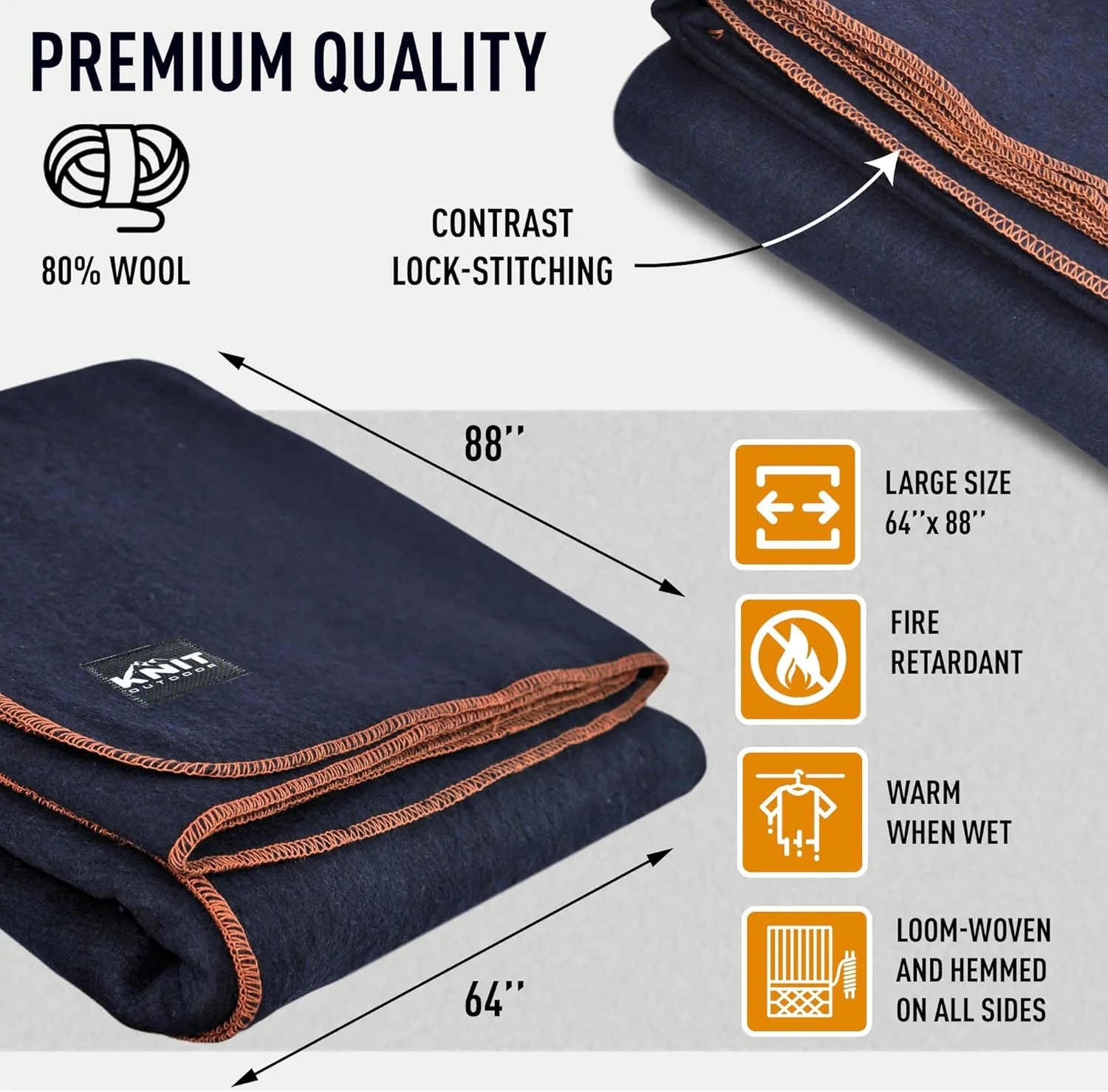 Large Military Wool Blanket - Warm & Thick Emergency Survival Blanket Great for Camping, Outdoors, Sports Events, Picnics, 4.5 lbs, 64" x 88" (Navy)
