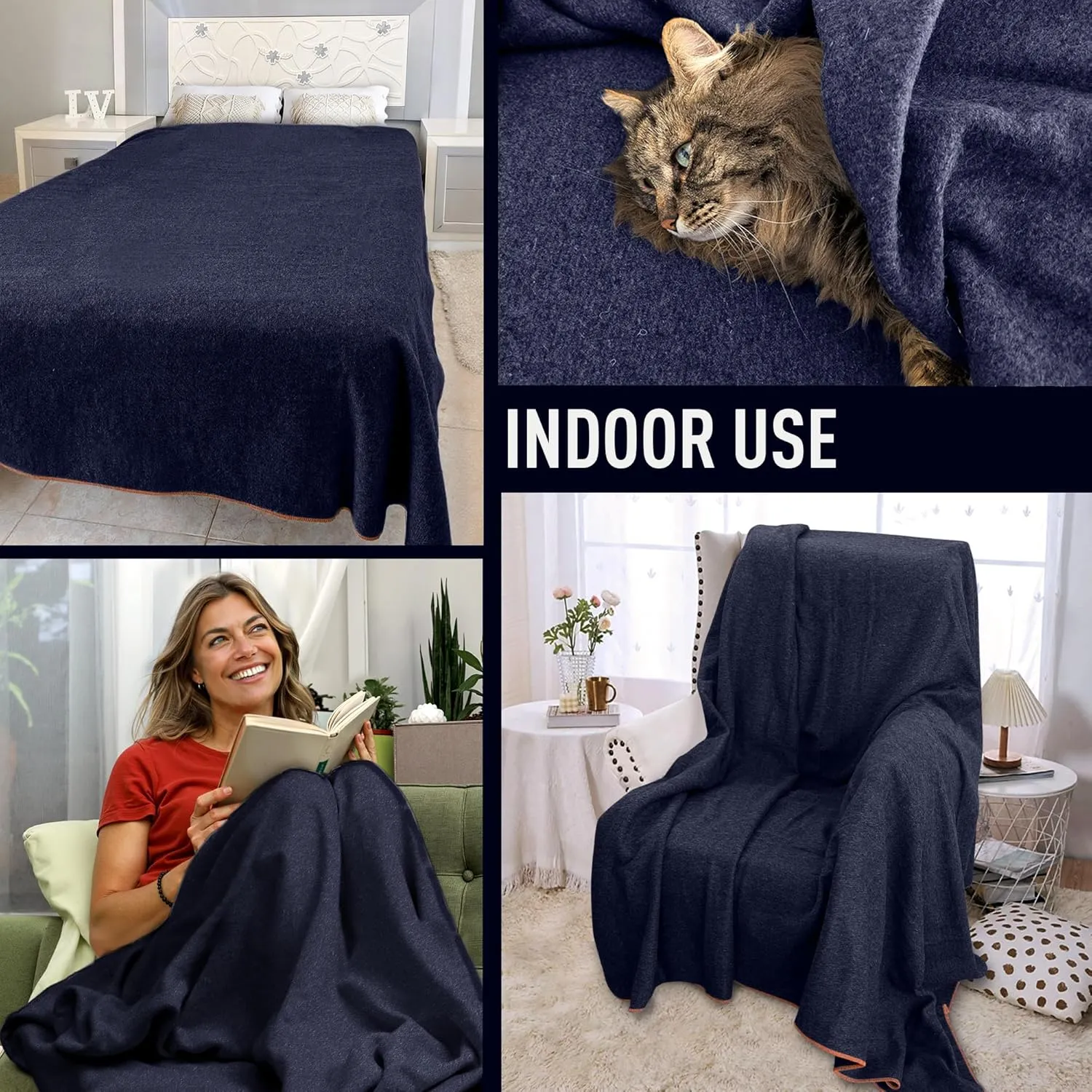 Large Military Wool Blanket - Warm & Thick Emergency Survival Blanket Great for Camping, Outdoors, Sports Events, Picnics, 4.5 lbs, 64" x 88" (Navy)