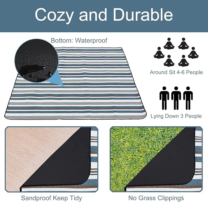 Large Picnic Blanket, 80'' x 80'' Foldable Sandproof Beach Mat with Strap and Bag, Portable Waterproof Outdoor Blanket for Camping Stadium Park Hiking, Gift for Family Friends (Stripe)