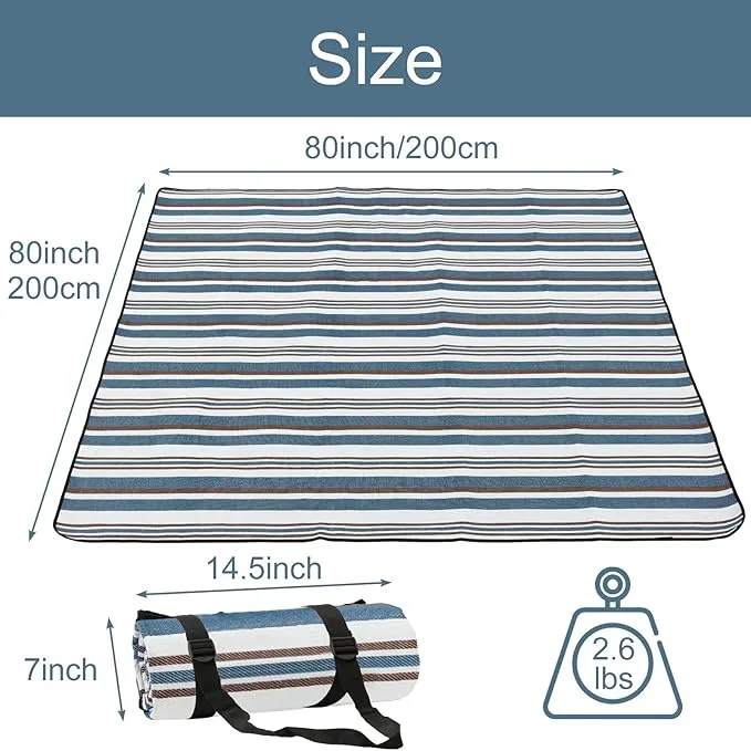 Large Picnic Blanket, 80'' x 80'' Foldable Sandproof Beach Mat with Strap and Bag, Portable Waterproof Outdoor Blanket for Camping Stadium Park Hiking, Gift for Family Friends (Stripe)
