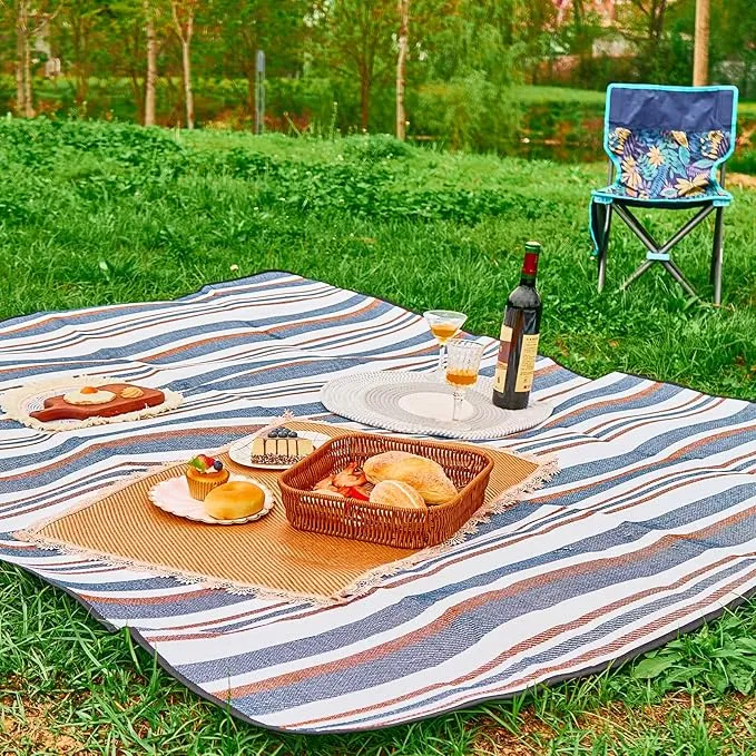 Large Picnic Blanket, 80'' x 80'' Foldable Sandproof Beach Mat with Strap and Bag, Portable Waterproof Outdoor Blanket for Camping Stadium Park Hiking, Gift for Family Friends (Stripe)