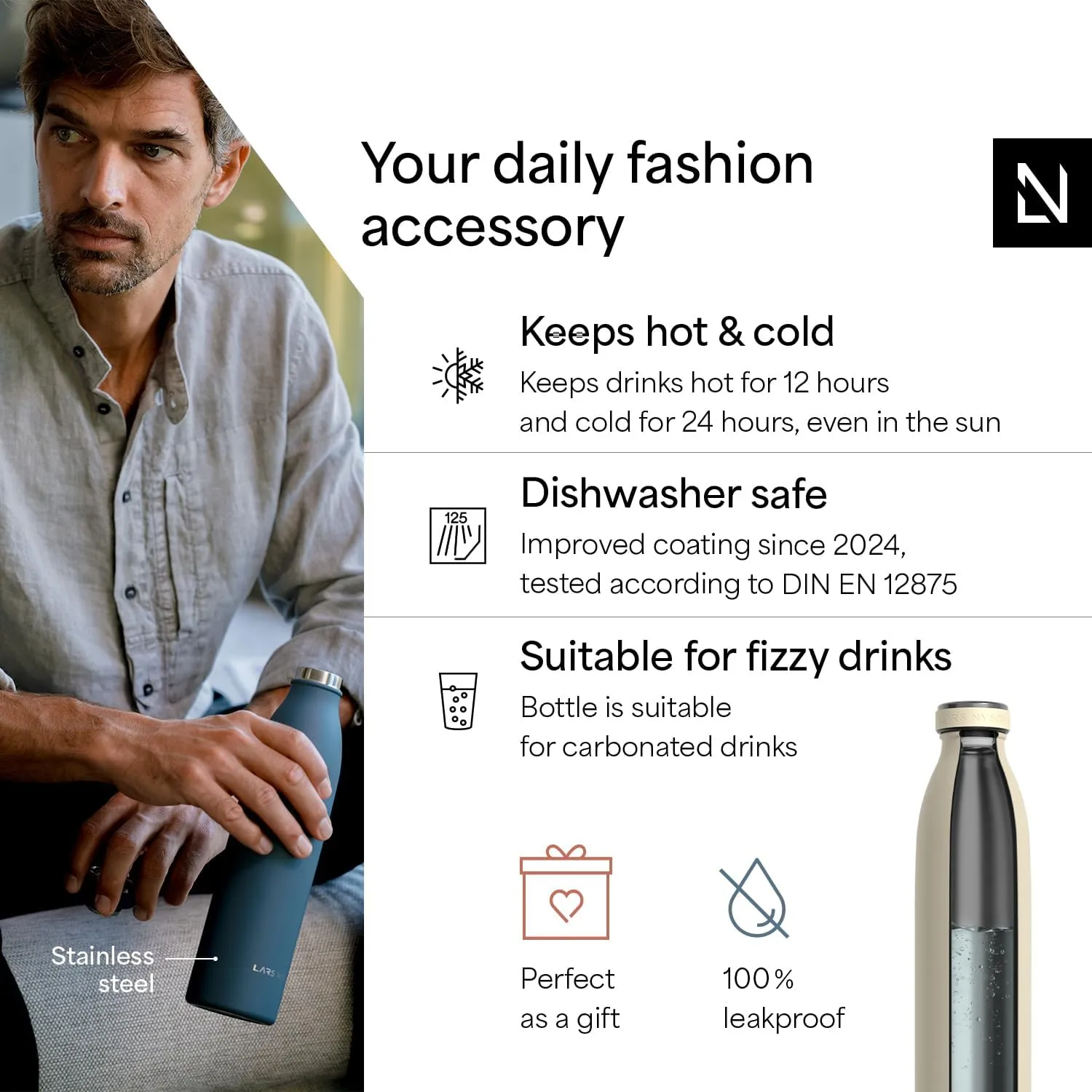 LARS NYSØM Stainless Steel Insulated Water Bottle 12oz 17oz 25oz 34oz 51oz | Insulated Thermo Flask for Hot and Cold Beverages | Leakproof Drinking Bottle (Almond Beige, 25.4oz)