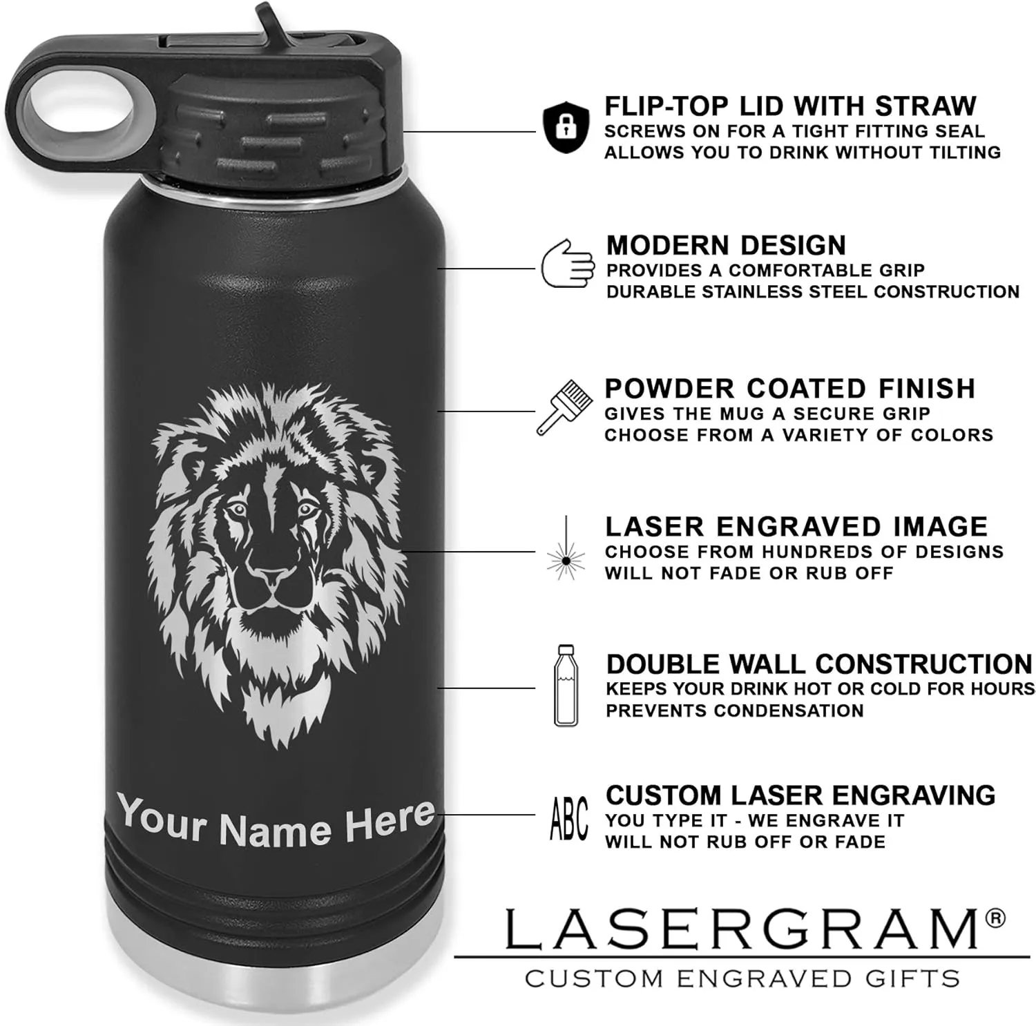 LaserGram Personalized Water Bottle, Motocross, Stainless Steel Double Wall Vacuum Insulated with Flip Top Straw, Custom Engraved Gift (40oz / 1180ml Black)
