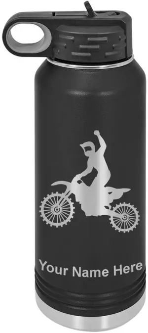 LaserGram Personalized Water Bottle, Motocross, Stainless Steel Double Wall Vacuum Insulated with Flip Top Straw, Custom Engraved Gift (40oz / 1180ml Black)