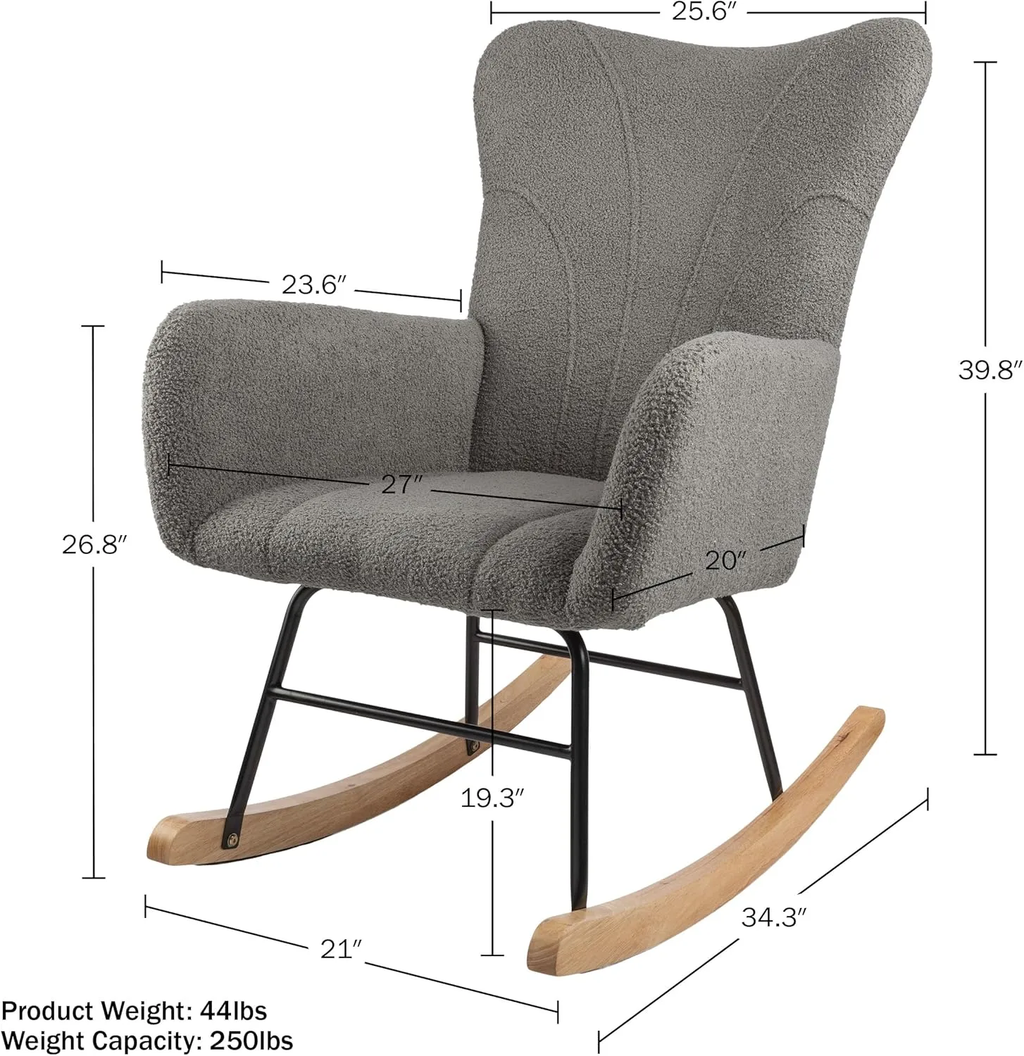 Lavish Home Rocking Chair - Teddy Fabric Upholstered Chair with Padded Seat and Contoured Armrests - Ergonomic Modern Rocker for Bedroom (Gray)