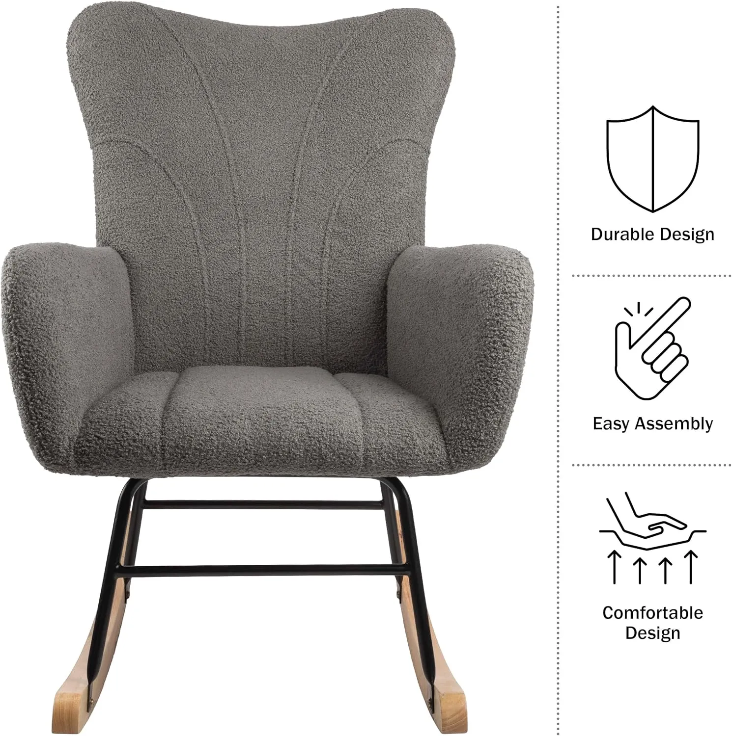 Lavish Home Rocking Chair - Teddy Fabric Upholstered Chair with Padded Seat and Contoured Armrests - Ergonomic Modern Rocker for Bedroom (Gray)
