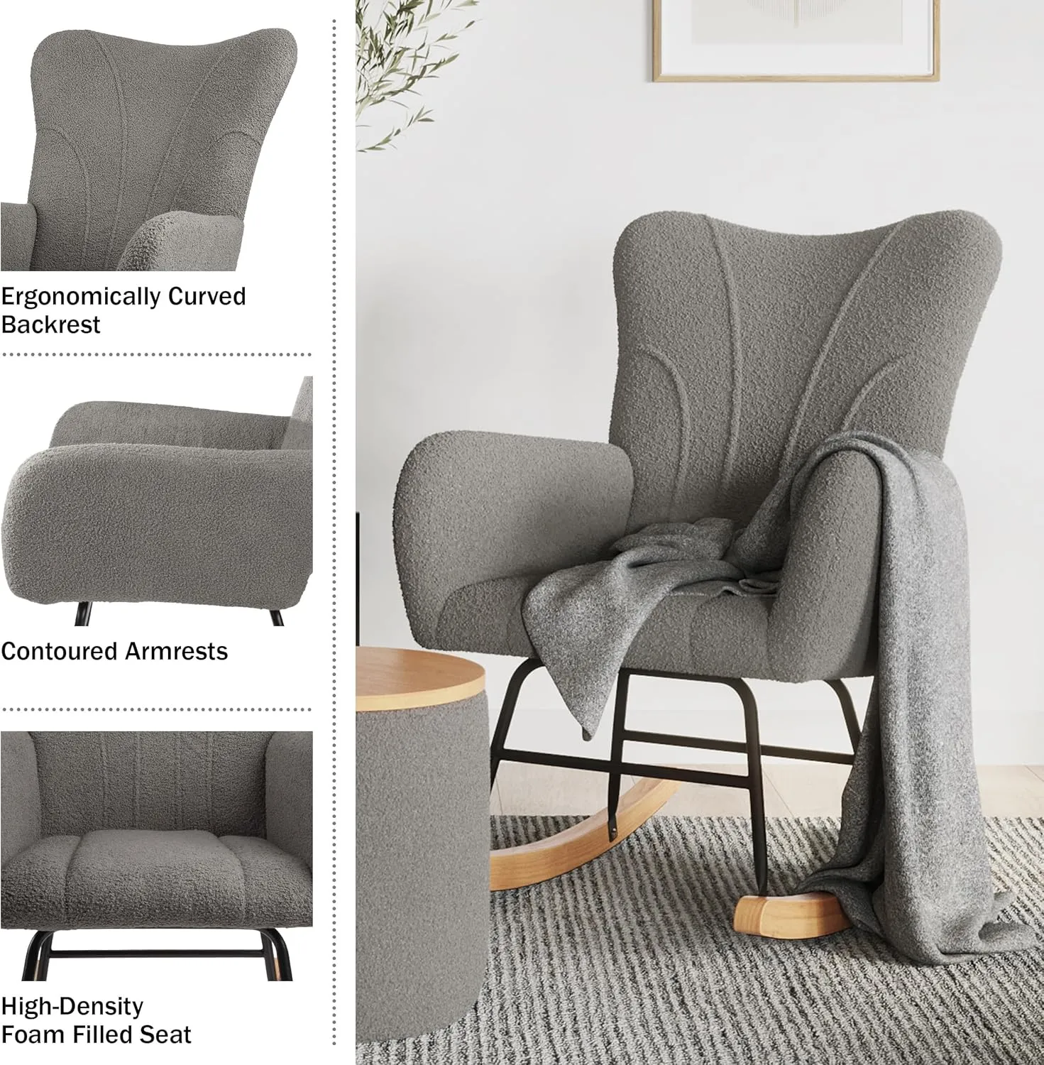 Lavish Home Rocking Chair - Teddy Fabric Upholstered Chair with Padded Seat and Contoured Armrests - Ergonomic Modern Rocker for Bedroom (Gray)