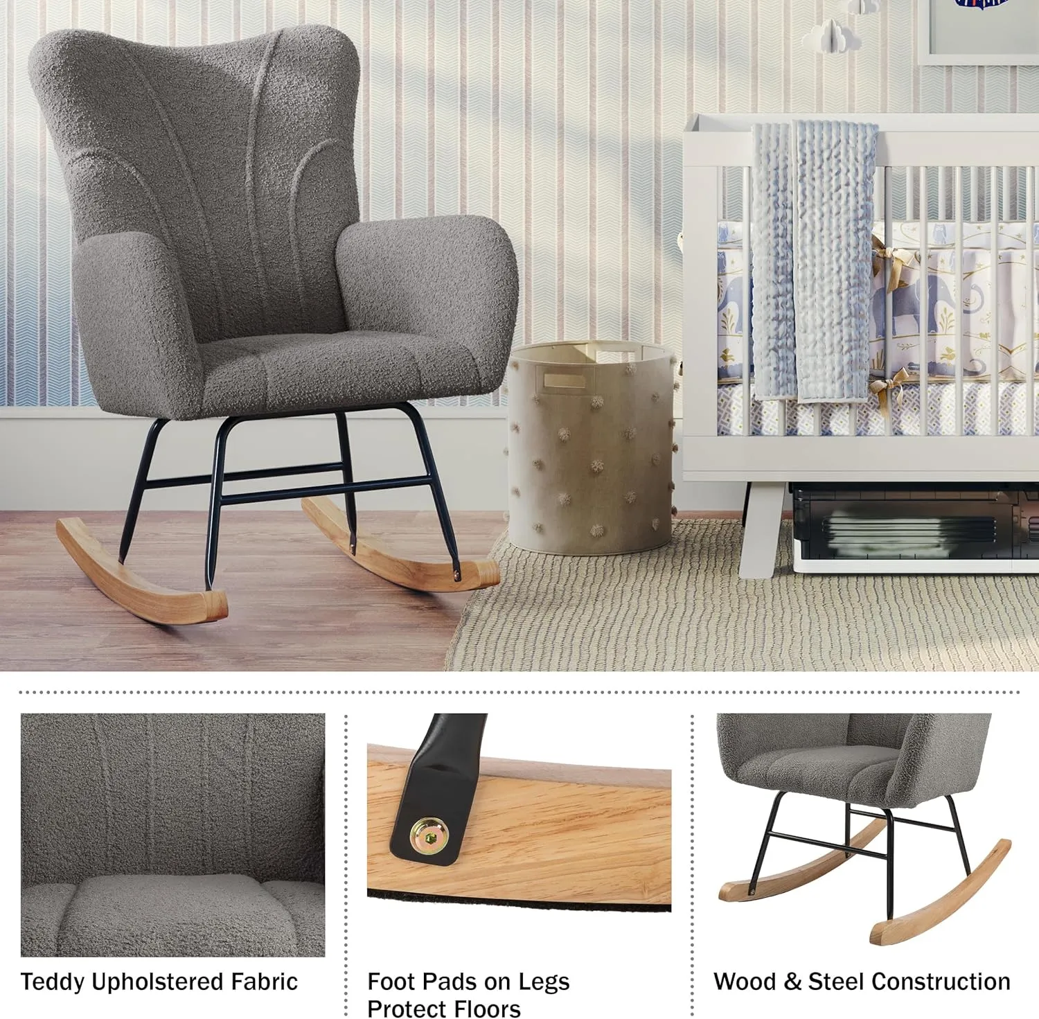 Lavish Home Rocking Chair - Teddy Fabric Upholstered Chair with Padded Seat and Contoured Armrests - Ergonomic Modern Rocker for Bedroom (Gray)