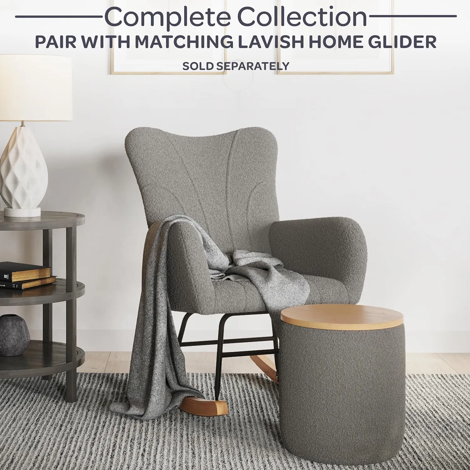 Lavish Home Rocking Chair - Teddy Fabric Upholstered Chair with Padded Seat and Contoured Armrests - Ergonomic Modern Rocker for Bedroom (Gray)