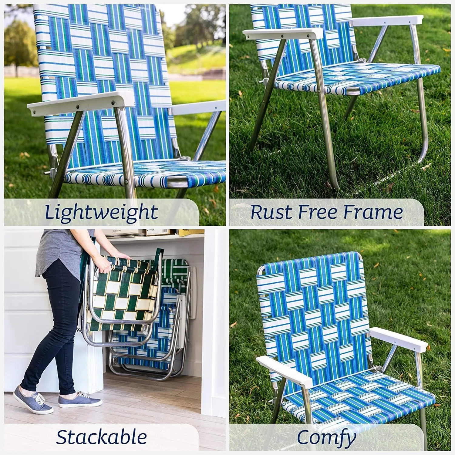 Lawn Chair USA | Folding Aluminum Webbed Chair for Camping, Sports, and Beach | Classic - Charleston with Green Arms