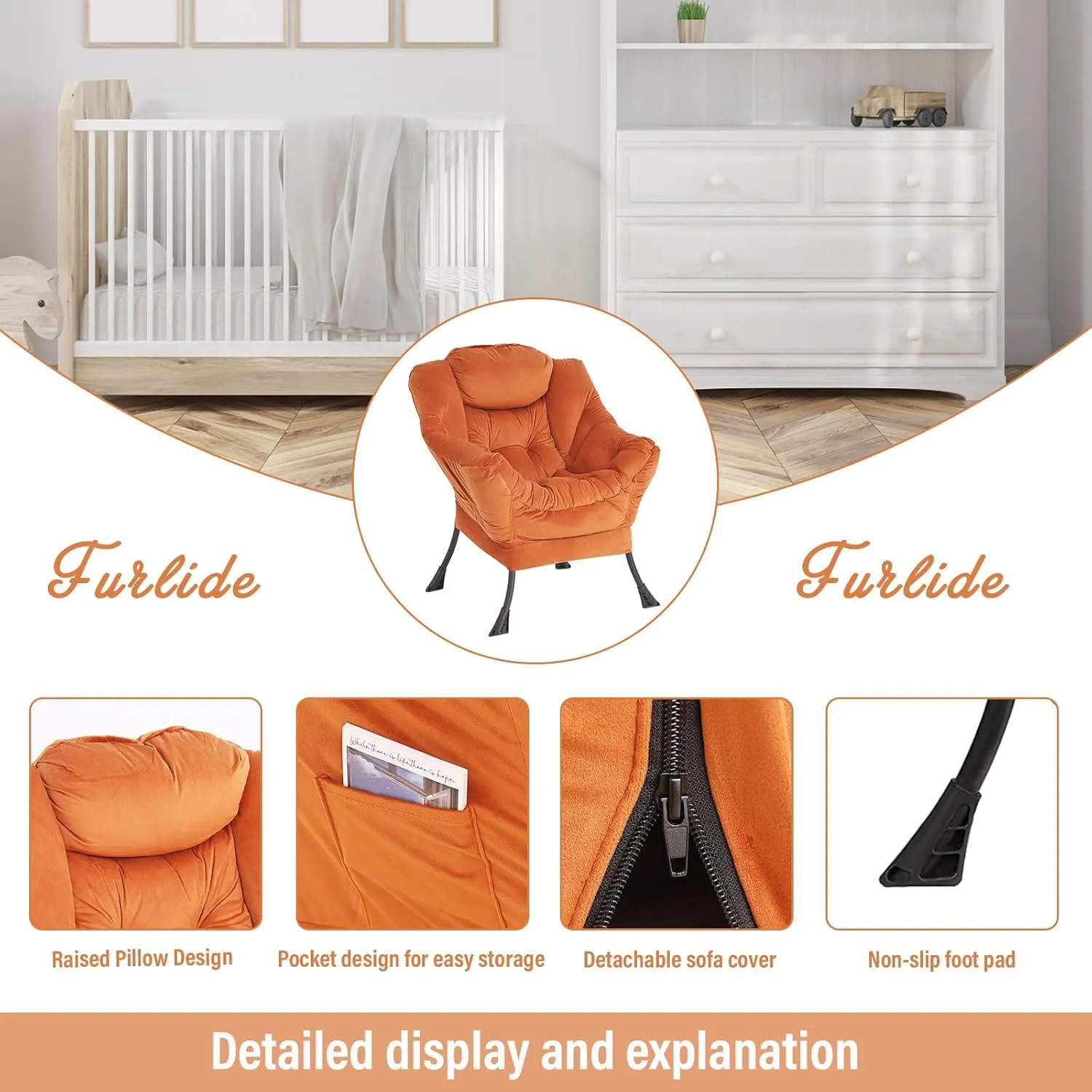 Lazy Chair with Ottoman, Modern Chair with Folding Footrest, Lounge Accent Chair, Comfortable Reading Chair, Oversized Armchairs for Bedroom, Study, Living Room, Courtyard (Velvet Orange)
