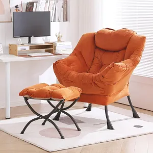 Lazy Chair with Ottoman, Modern Chair with Folding Footrest, Lounge Accent Chair, Comfortable Reading Chair, Oversized Armchairs for Bedroom, Study, Living Room, Courtyard (Velvet Orange)