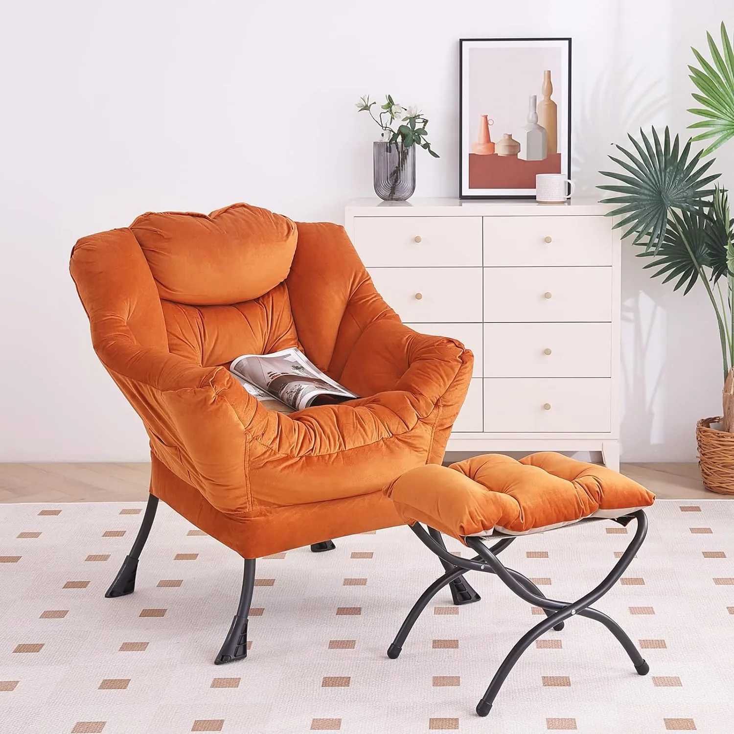 Lazy Chair with Ottoman, Modern Chair with Folding Footrest, Lounge Accent Chair, Comfortable Reading Chair, Oversized Armchairs for Bedroom, Study, Living Room, Courtyard (Velvet Orange)