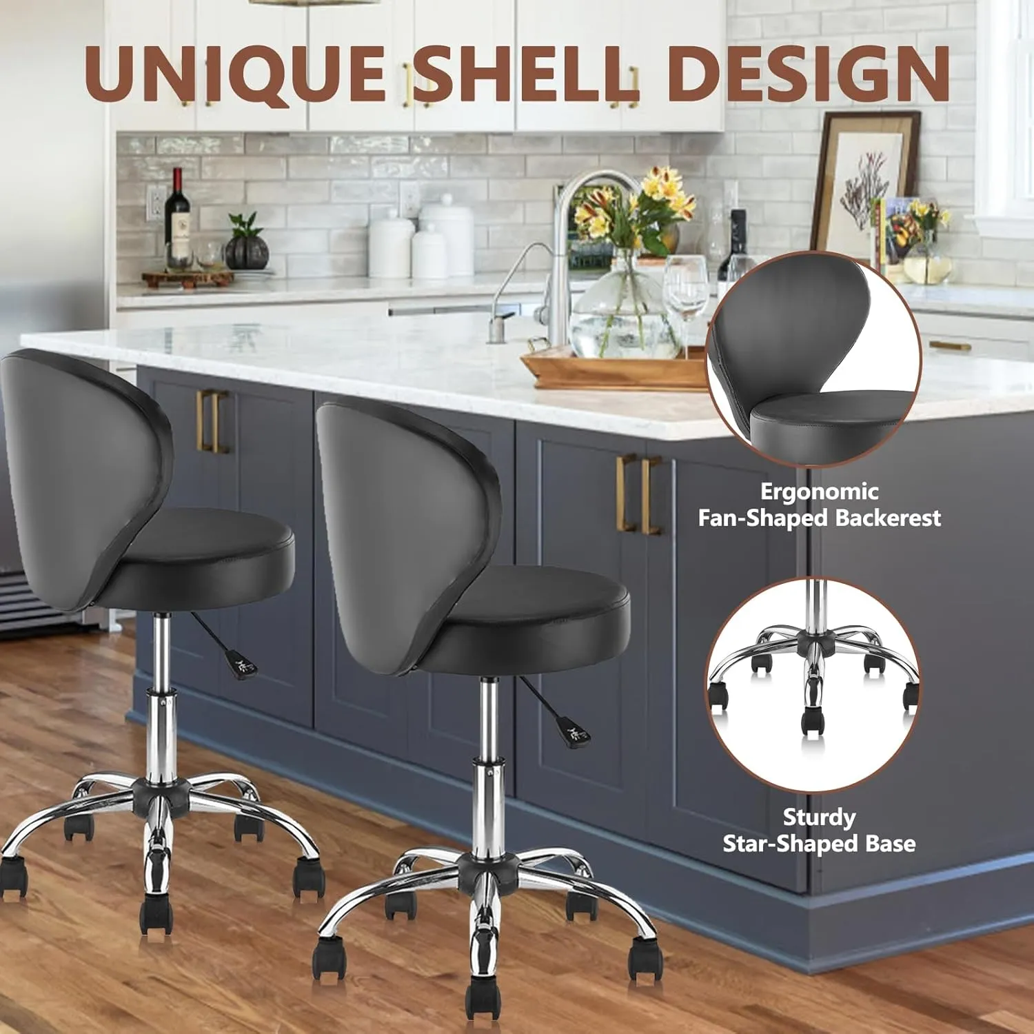 Leather Rolling Swivel Salon Stool Chair with Back Support Adjustable Hydraulic Seat Height 22 in for Office Massage Facial Spa Medical Drafting Tattoo Beauty Barber