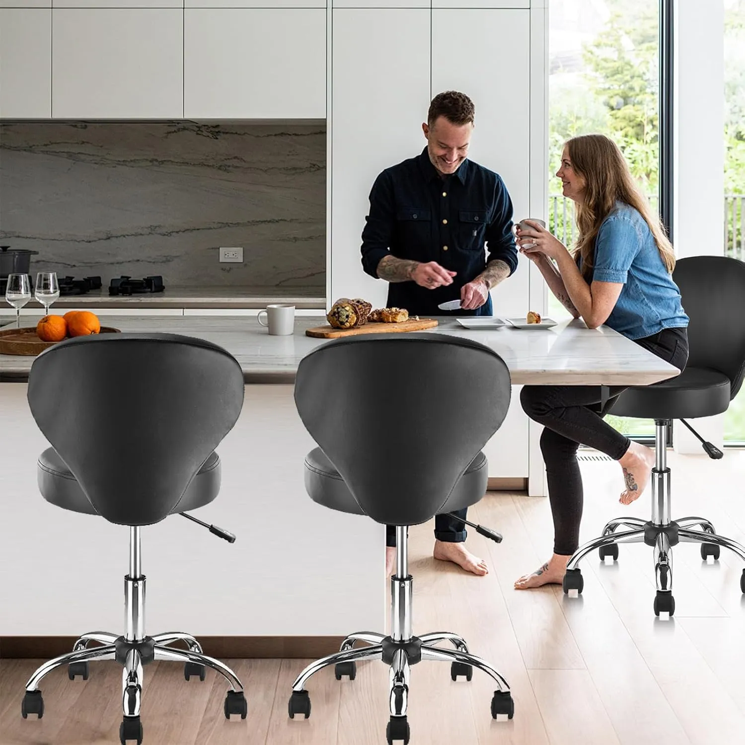 Leather Rolling Swivel Salon Stool Chair with Back Support Adjustable Hydraulic Seat Height 22 in for Office Massage Facial Spa Medical Drafting Tattoo Beauty Barber