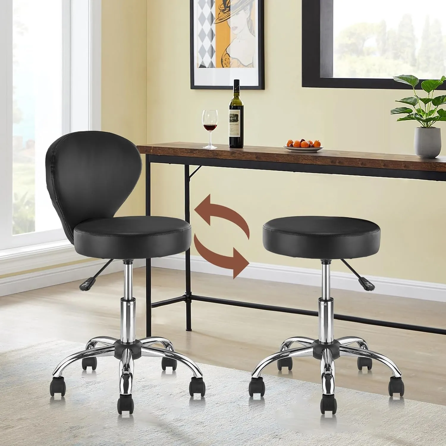 Leather Rolling Swivel Salon Stool Chair with Back Support Adjustable Hydraulic Seat Height 22 in for Office Massage Facial Spa Medical Drafting Tattoo Beauty Barber
