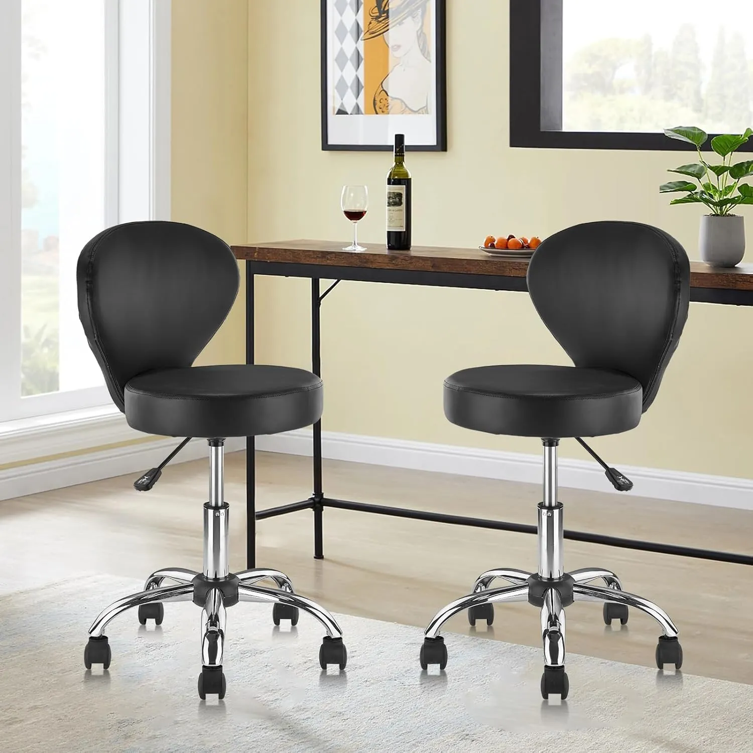 Leather Rolling Swivel Salon Stool Chair with Back Support Adjustable Hydraulic Seat Height 22 in for Office Massage Facial Spa Medical Drafting Tattoo Beauty Barber