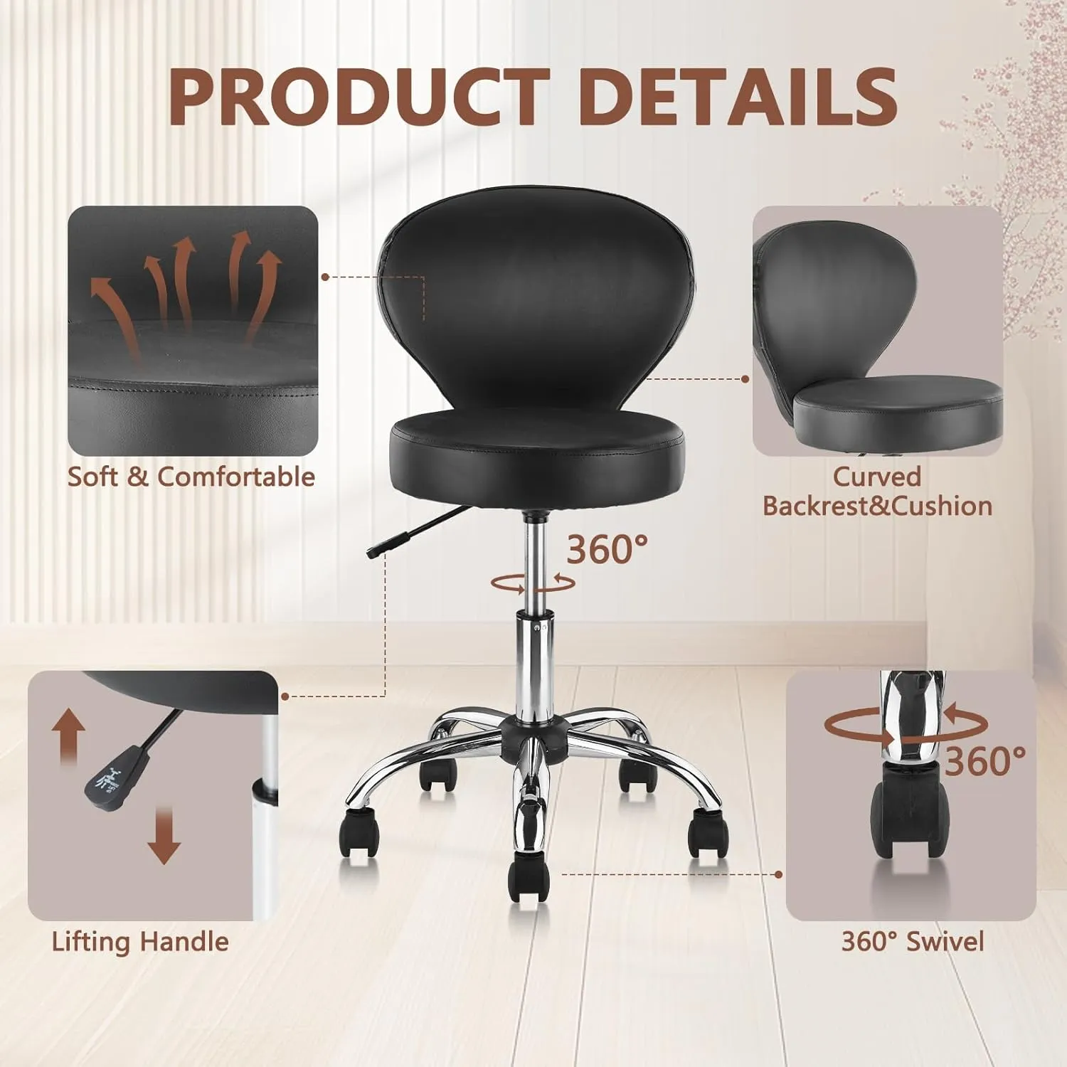 Leather Rolling Swivel Salon Stool Chair with Back Support Adjustable Hydraulic Seat Height 22 in for Office Massage Facial Spa Medical Drafting Tattoo Beauty Barber