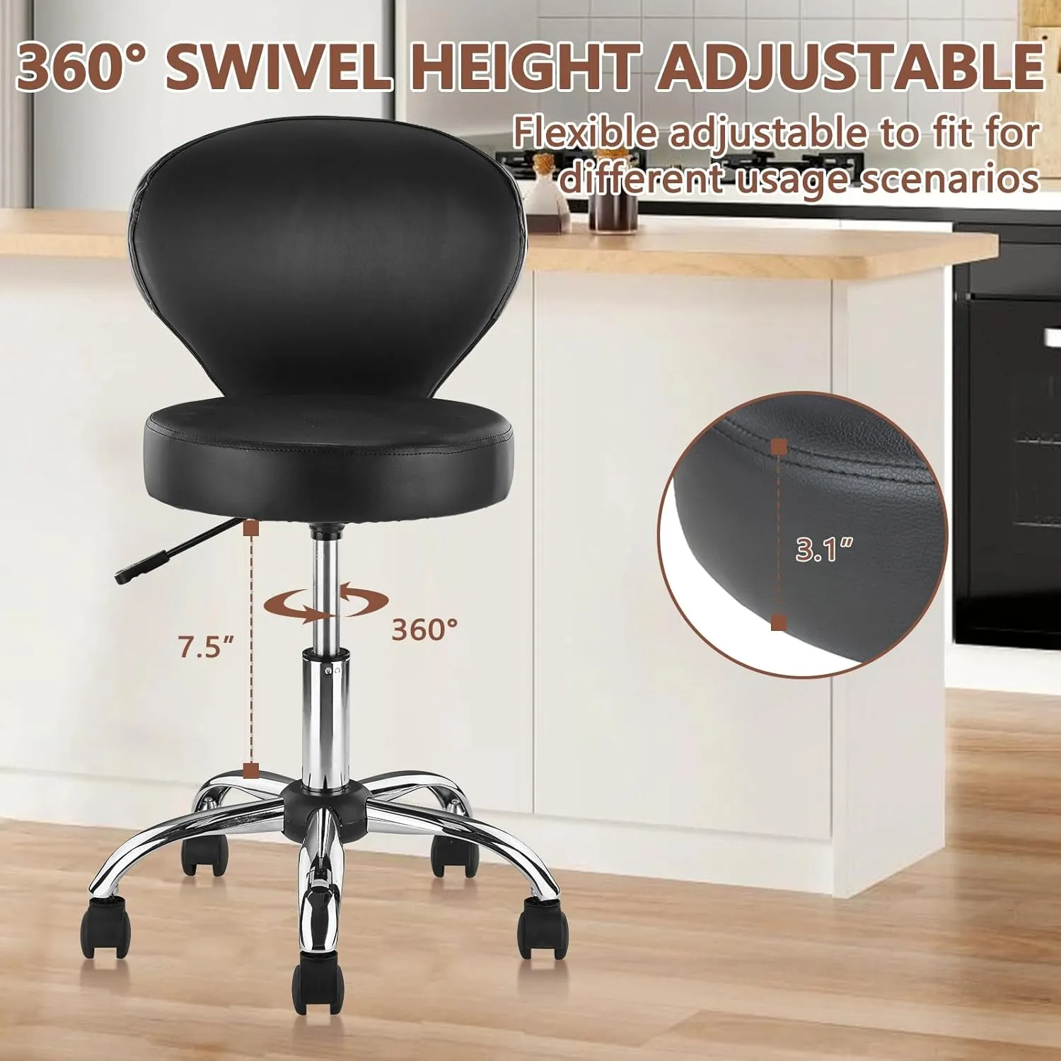 Leather Rolling Swivel Salon Stool Chair with Back Support Adjustable Hydraulic Seat Height 22 in for Office Massage Facial Spa Medical Drafting Tattoo Beauty Barber