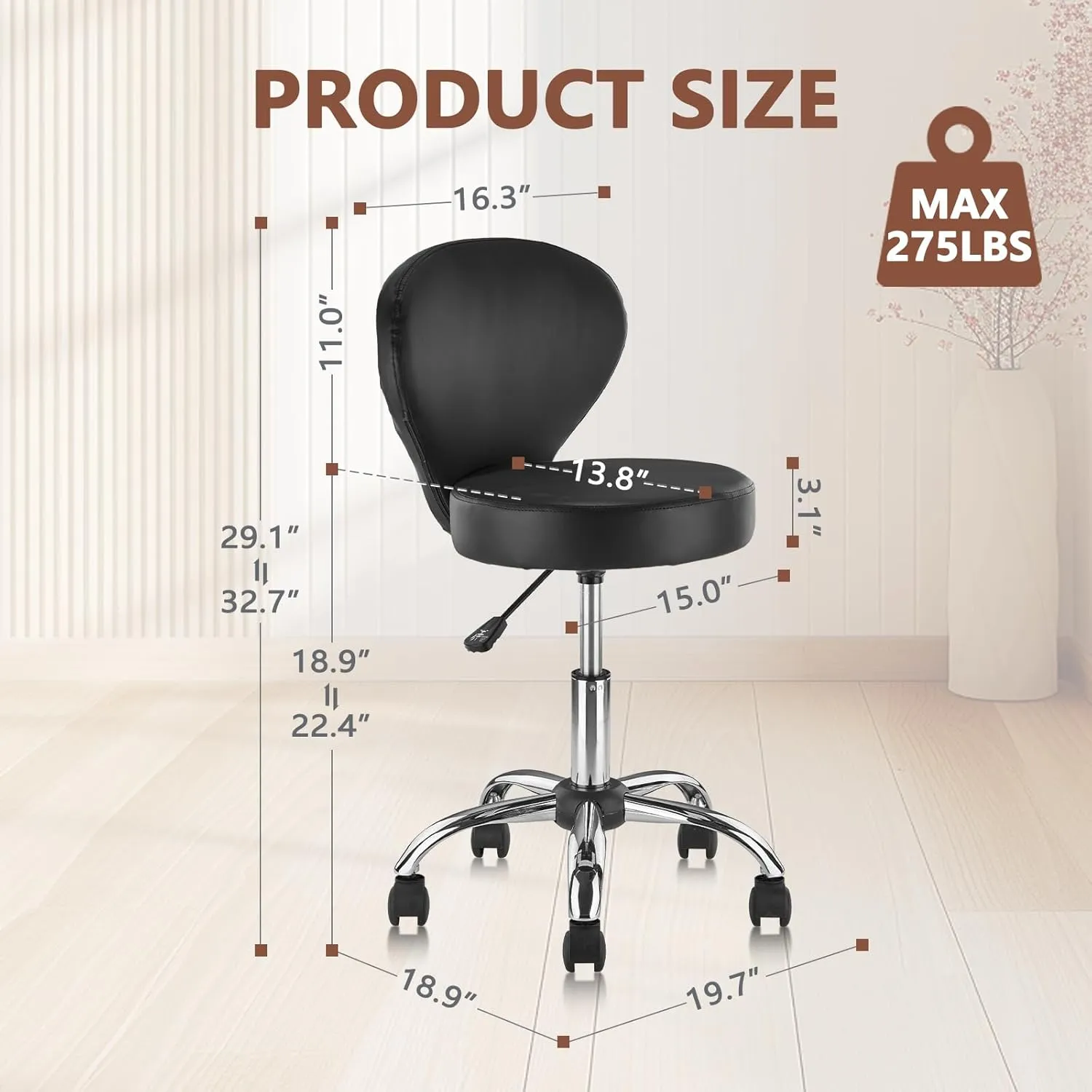Leather Rolling Swivel Salon Stool Chair with Back Support Adjustable Hydraulic Seat Height 22 in for Office Massage Facial Spa Medical Drafting Tattoo Beauty Barber