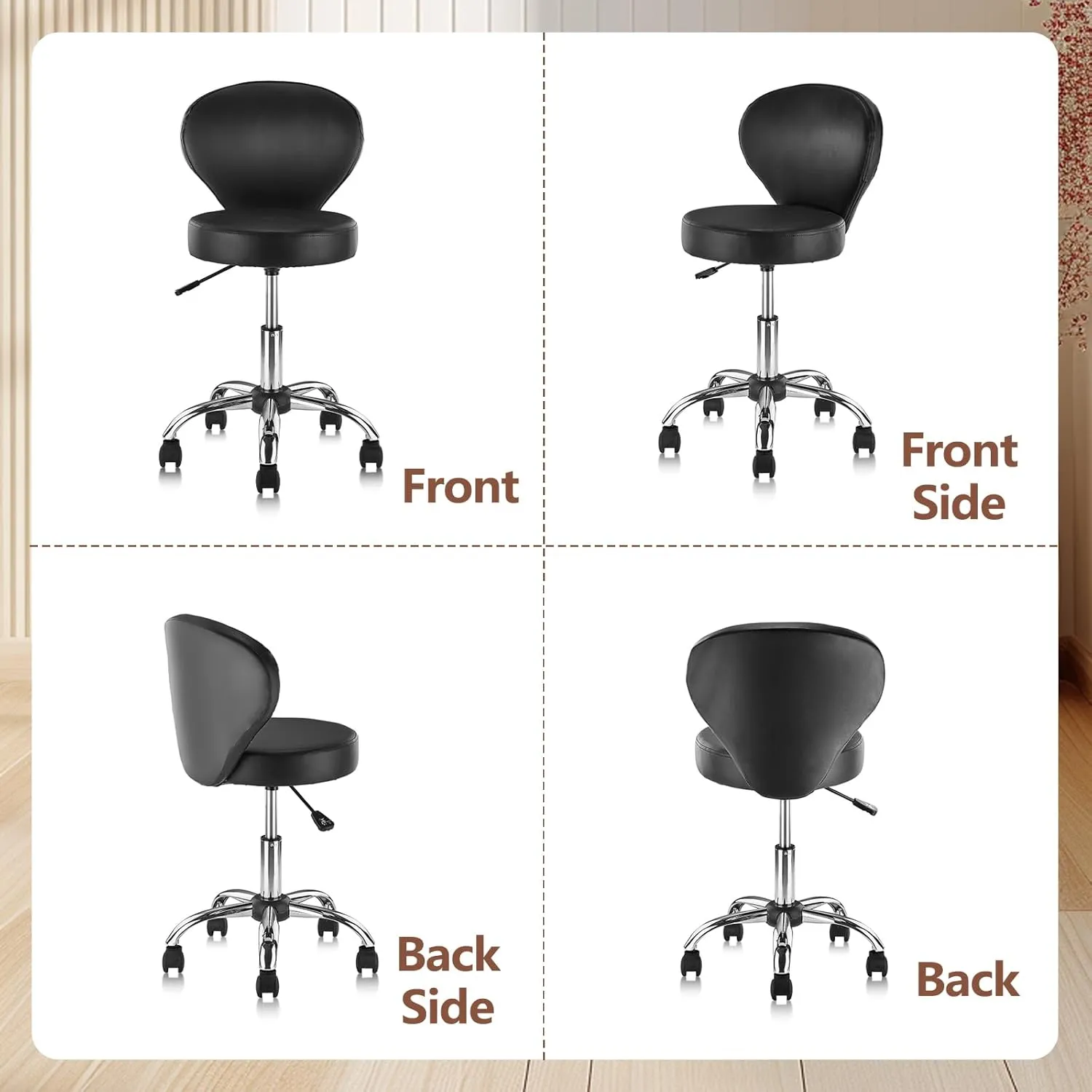Leather Rolling Swivel Salon Stool Chair with Back Support Adjustable Hydraulic Seat Height 22 in for Office Massage Facial Spa Medical Drafting Tattoo Beauty Barber