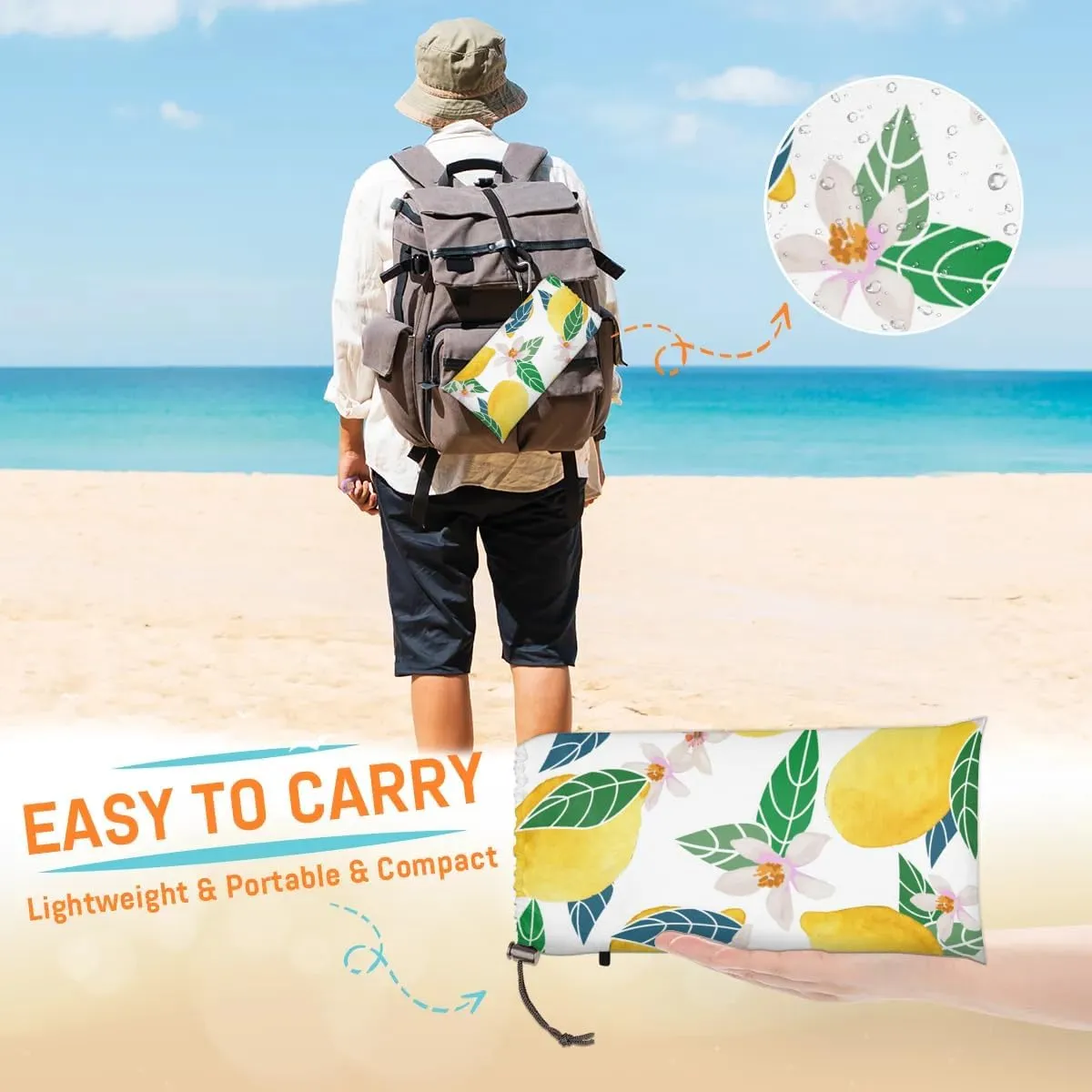 Lemon Flower Beach Blanket, Sandproof Beach Mat, 68 x 59 Waterproof Quick Drying Sand Free Mat with 4 x Ground Spikes for Outdoor Travel Camping Hiking, Summer Lemon