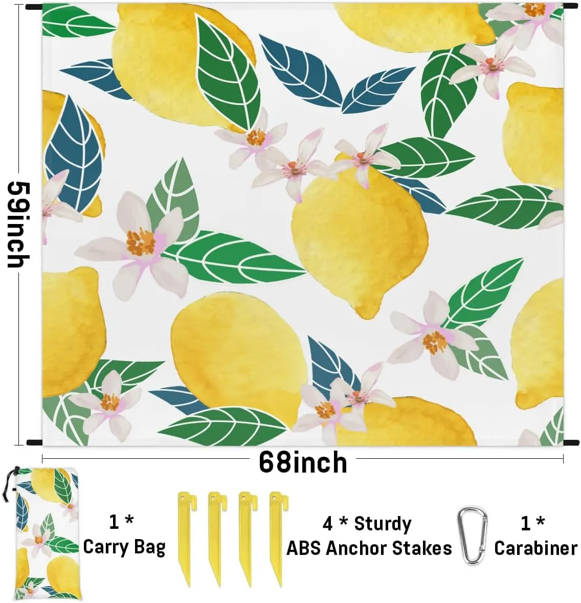Lemon Flower Beach Blanket, Sandproof Beach Mat, 68 x 59 Waterproof Quick Drying Sand Free Mat with 4 x Ground Spikes for Outdoor Travel Camping Hiking, Summer Lemon