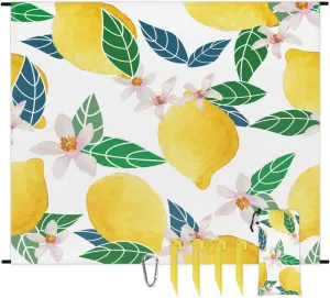 Lemon Flower Beach Blanket, Sandproof Beach Mat, 68 x 59 Waterproof Quick Drying Sand Free Mat with 4 x Ground Spikes for Outdoor Travel Camping Hiking, Summer Lemon