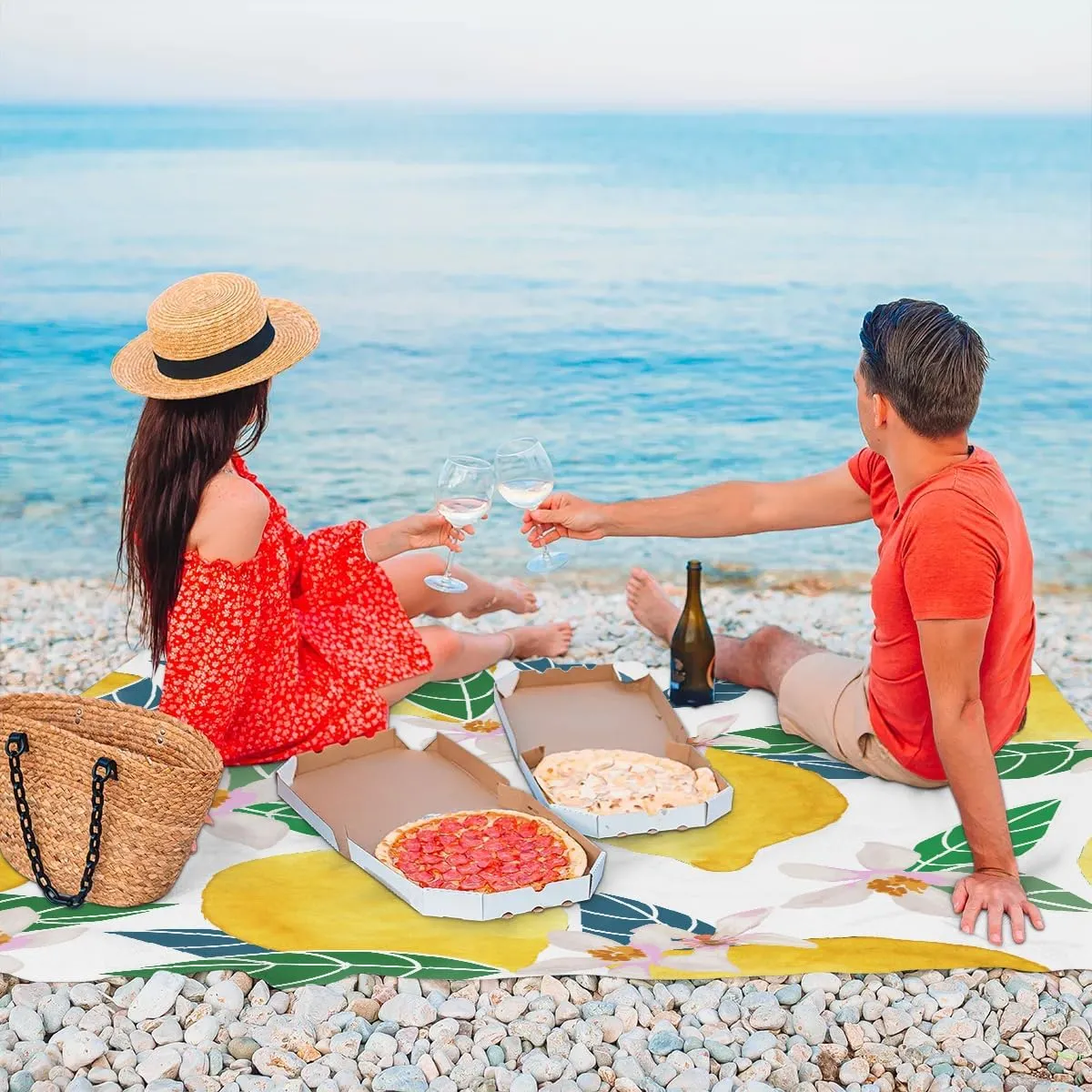 Lemon Flower Beach Blanket, Sandproof Beach Mat, 68 x 59 Waterproof Quick Drying Sand Free Mat with 4 x Ground Spikes for Outdoor Travel Camping Hiking, Summer Lemon