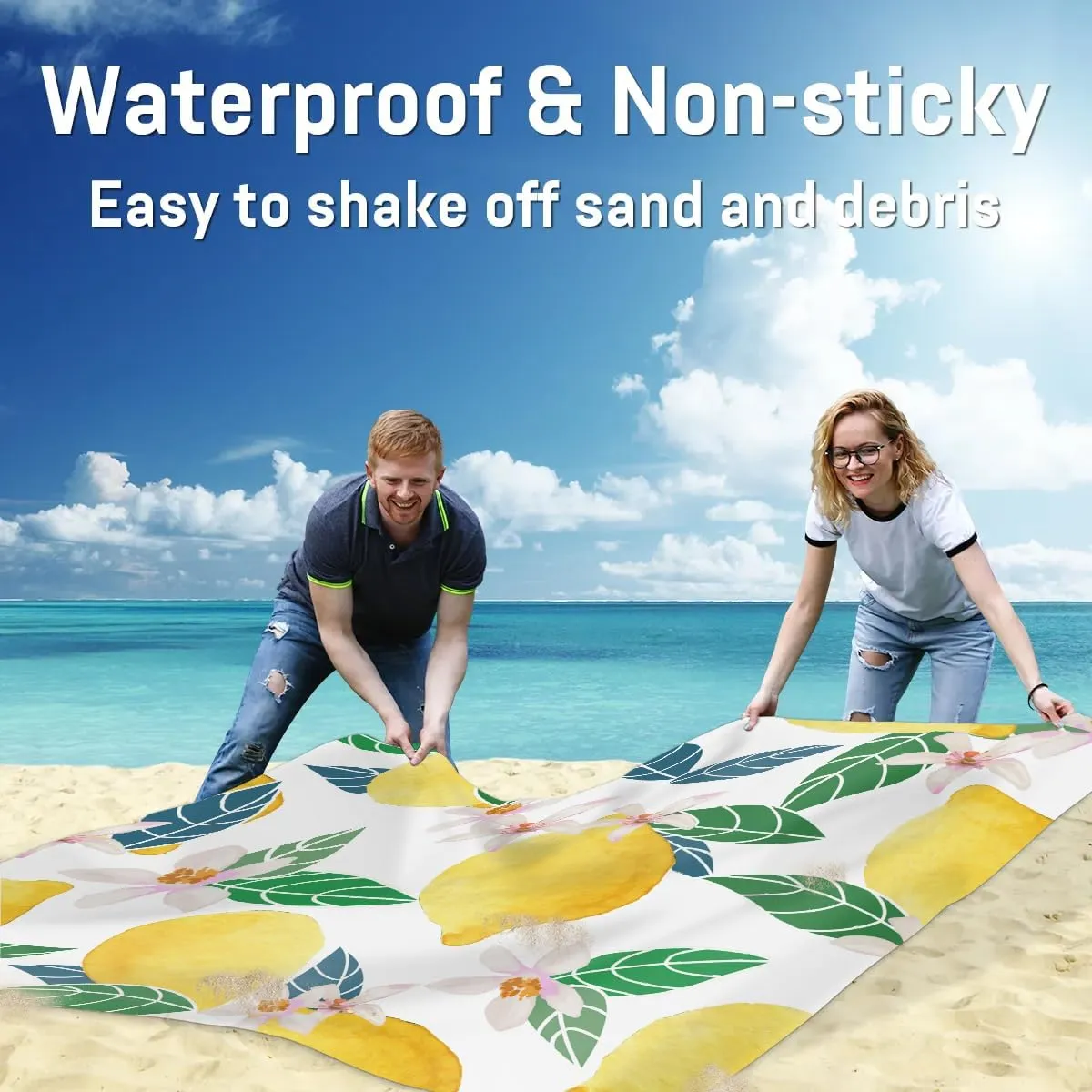 Lemon Flower Beach Blanket, Sandproof Beach Mat, 68 x 59 Waterproof Quick Drying Sand Free Mat with 4 x Ground Spikes for Outdoor Travel Camping Hiking, Summer Lemon