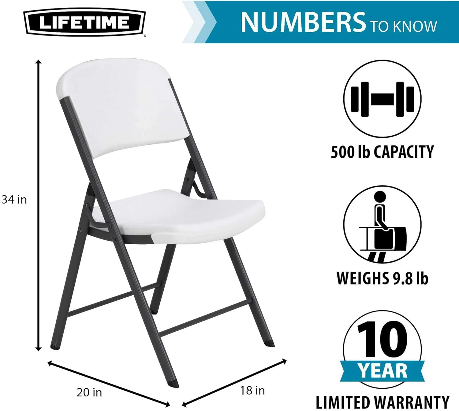 LIFETIME 80747 Commercial Grade Folding Chairs, 6 Pack, White Granite