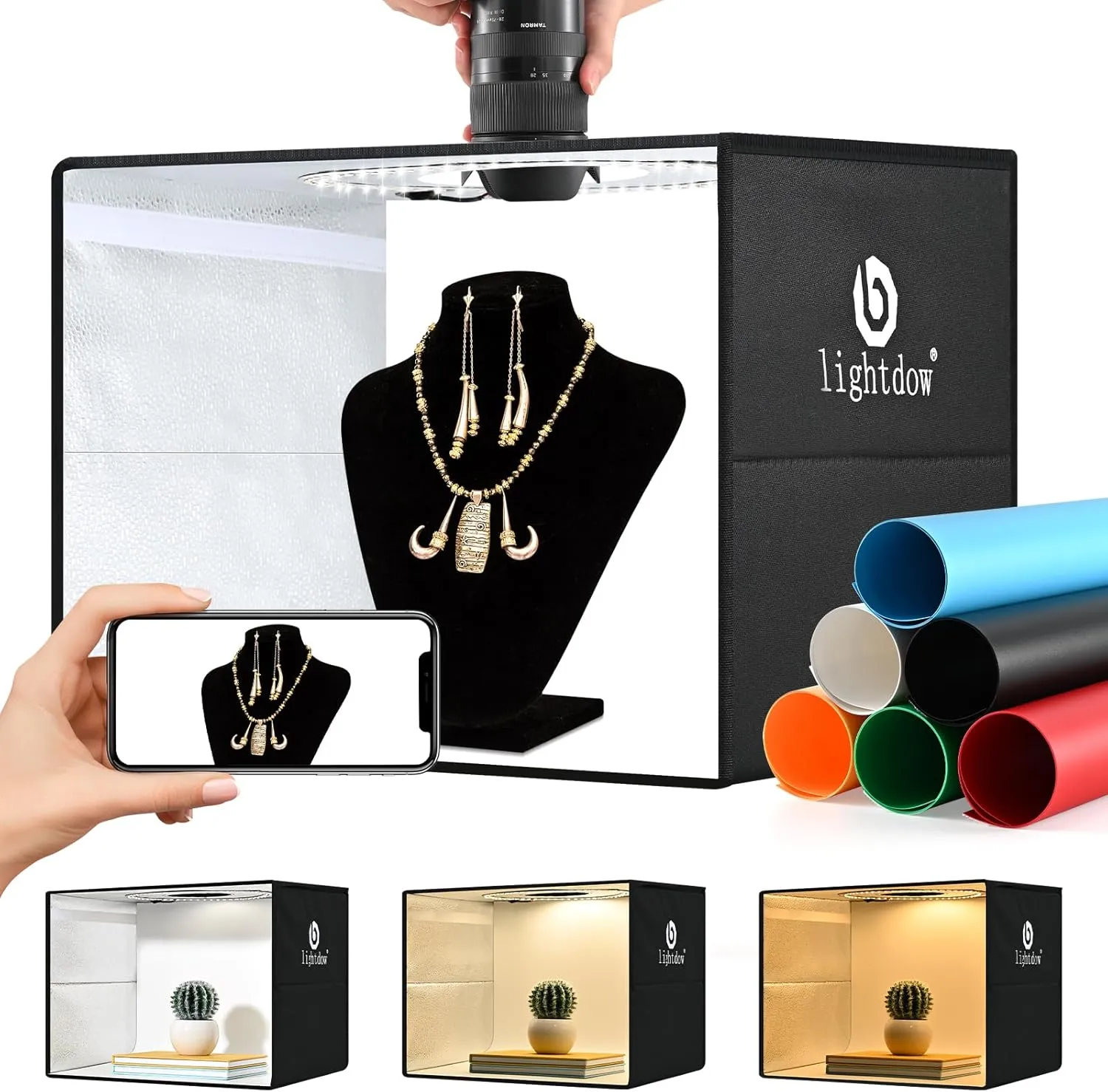 Lightdow 16"x12"x12" Photo Studio Light Box Photography with 120 LEDs (CRI>95), 6 Backdrops - Portable/Dimmable/Versatile Folding Shooting Tents for Toys/Jewelry/Watches/Cosmetics Photography