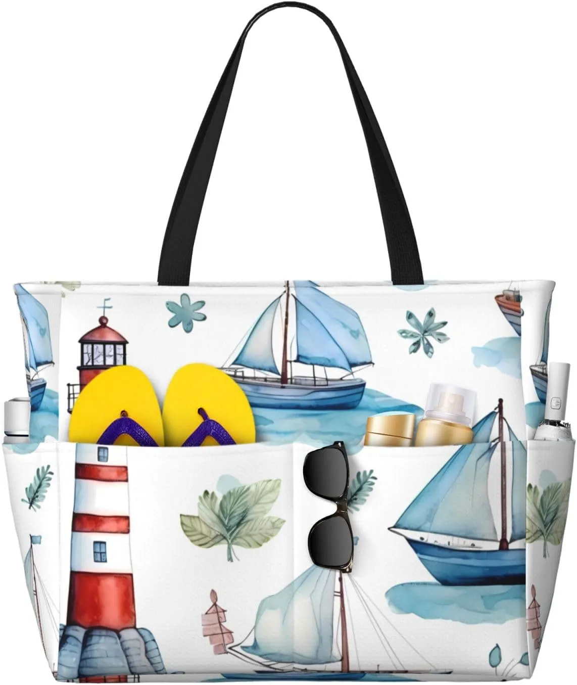 Lighthouse Sailboat Beach Bag Nautical Sea Pool Bag for Women Waterproof Large Travel Tote with Zipper Organizer for Swimming Vacation Essentials