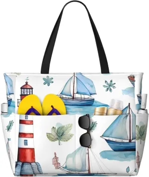 Lighthouse Sailboat Beach Bag Nautical Sea Pool Bag for Women Waterproof Large Travel Tote with Zipper Organizer for Swimming Vacation Essentials