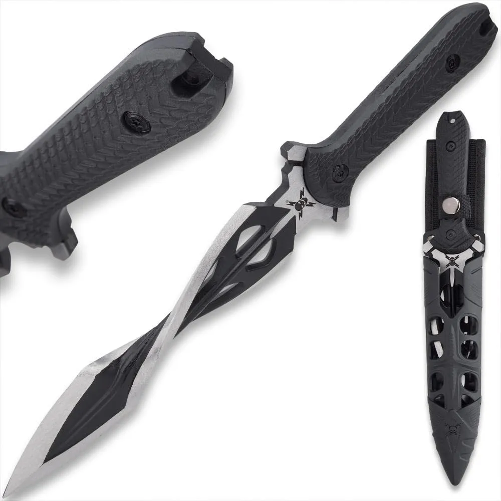 M48 Tsunami Fixed Blade With Vortec Sheath | Twist Blade Design | 7 1/2" Durable two-toned 3Cr13 stainless steel | Rugged Polypropylene Handle | Sub hilt on Handle | Partial serrated sawback | 15" Overall