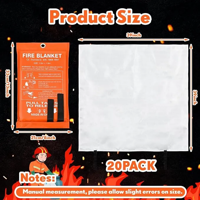 Macarrie 20 Pack 39” x 39” Fire Blanket Emergency Fire Blanket for Home and Kitchen Suppression Blanket Safety Fiberglass Fireproof Blanket Survival for Fireplace Car Office Camping (Orange)