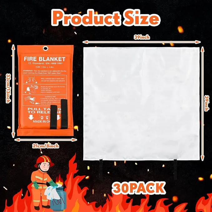 Macarrie 30 Pack 39” x 39” Fire Blanket Emergency Fire Blanket for Home and Kitchen Suppression Blanket Safety Fiberglass Fireproof Blanket Survival for Fireplace Car Office Camping (Orange)
