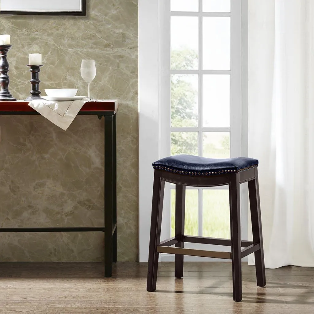 Madison Park Belfast Bar Stools, Contour Faux Leather Padded Seat, Nail Head Trim Modern Kitchen Counter Chair, Solid Hardwood, Kickplate Footrest, Dining Room Accent Furniture, Navy