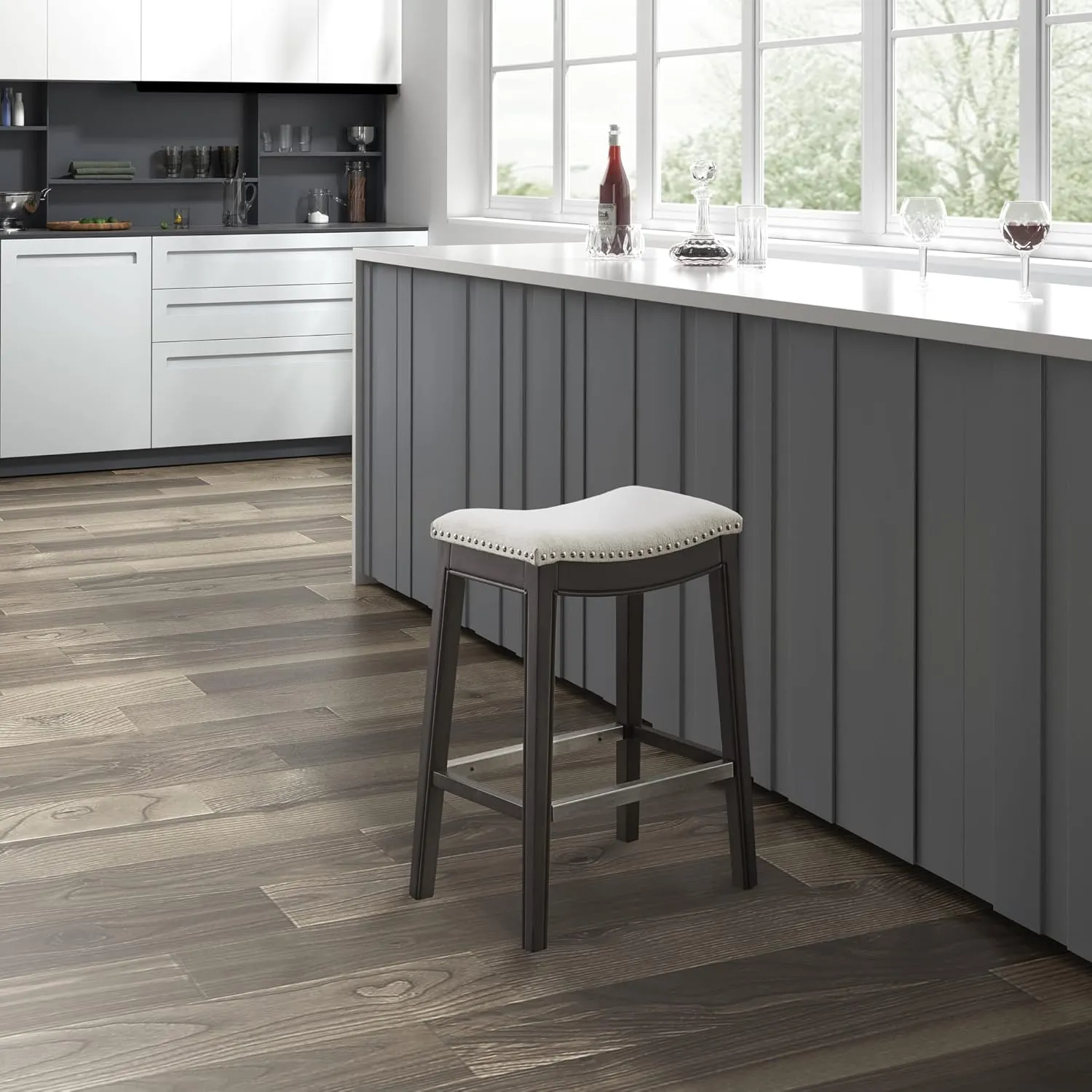 Madison Park Belfast Bar Stools, Contour Padded Seat, Nail Head Trim, Modern Kitchen Counter Chair, Solid Hardwood, Metal Kickplate Footrest, Dining Room Accent Furniture, Cream