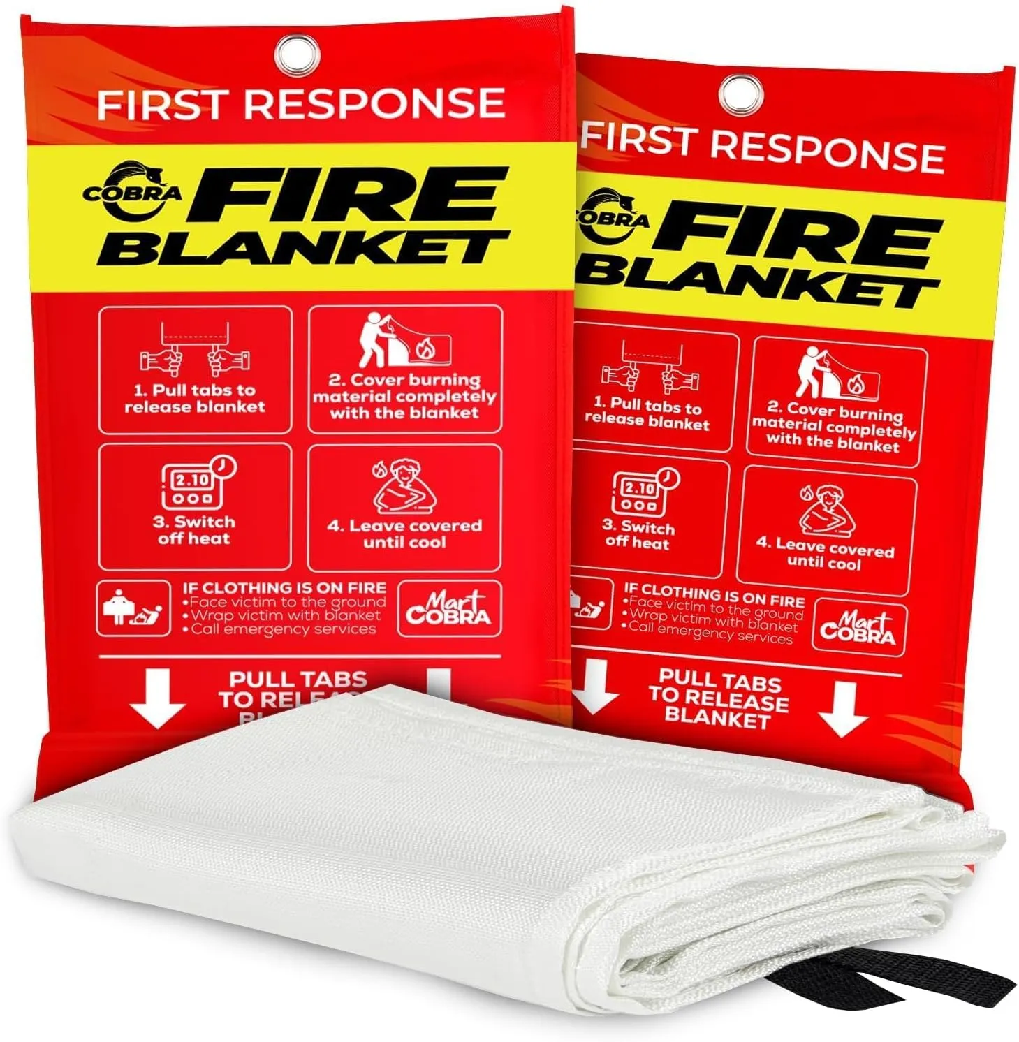 Mart Cobra Fire Blanket 2-Pack – Emergency Fire Suppression for Home & Kitchen – 40"x40" Fireproof Fiberglass Safety Blankets – Heat Resistant & Easy to Use – Smothers Grease & Electrical Fires