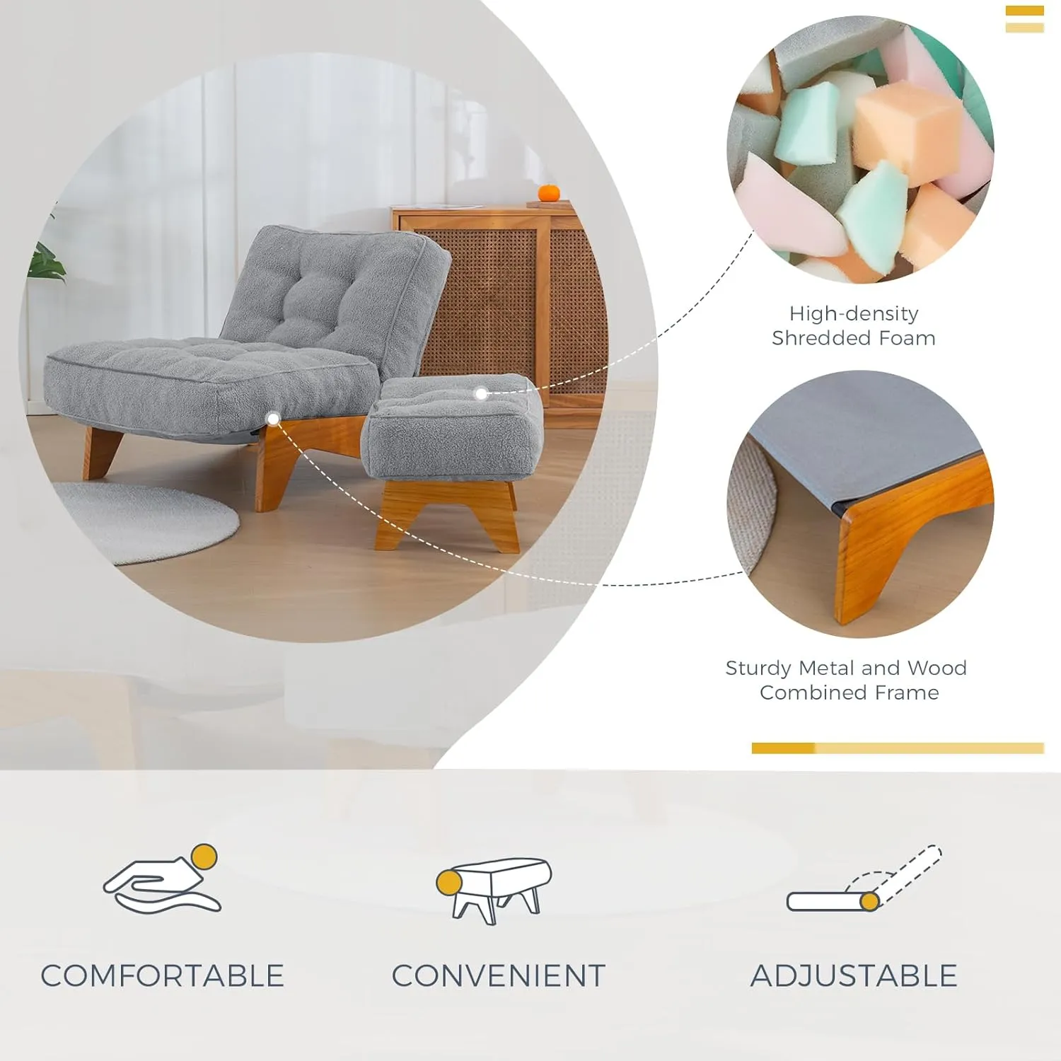 MAXYOYO Adjustable Accent Chair with Ottoman, Thick Cushion Seated Lounge Chair Reclining Chair for Living Room, Cozy Recliner and Footrest Set, Dark Grey