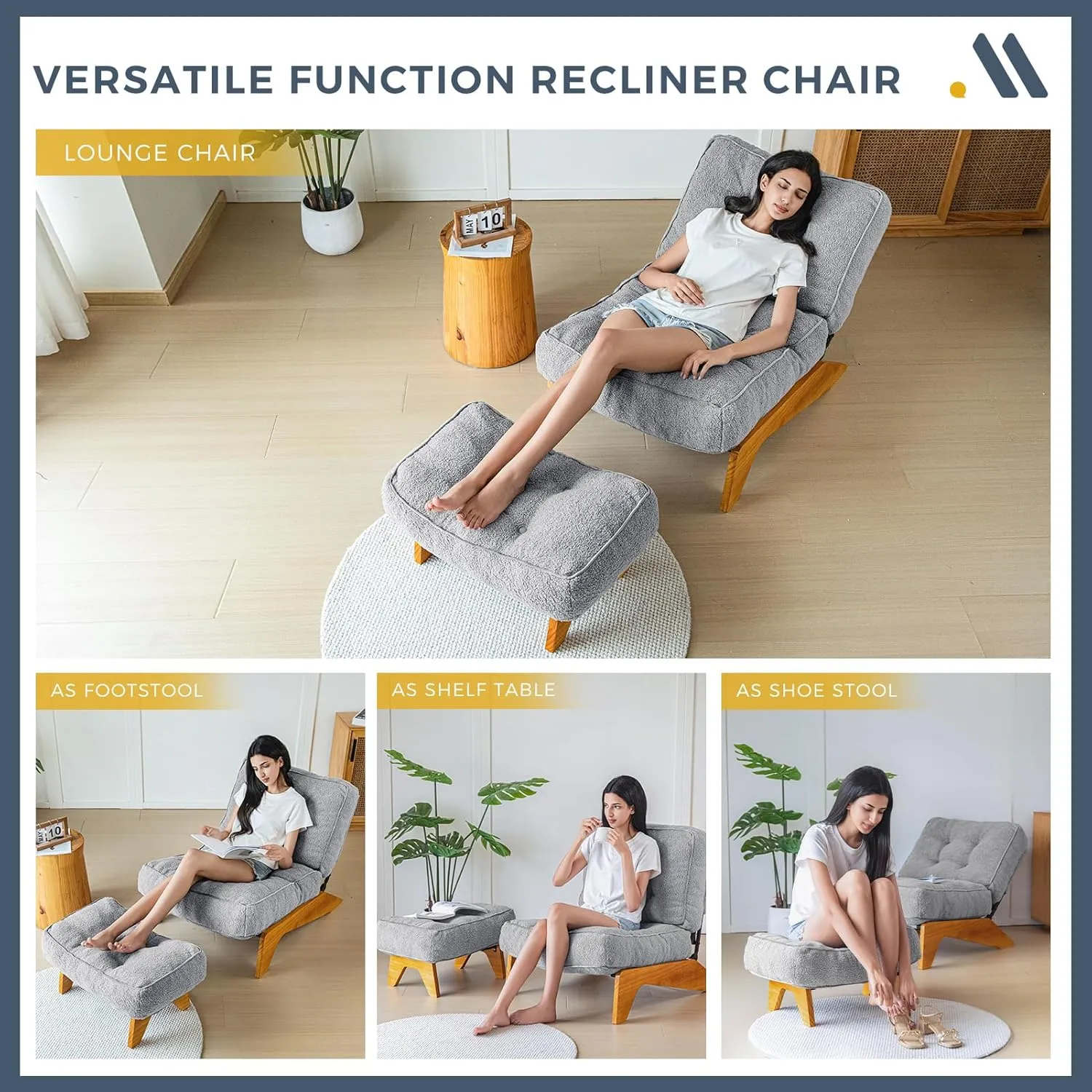 MAXYOYO Adjustable Accent Chair with Ottoman, Thick Cushion Seated Lounge Chair Reclining Chair for Living Room, Cozy Recliner and Footrest Set, Dark Grey