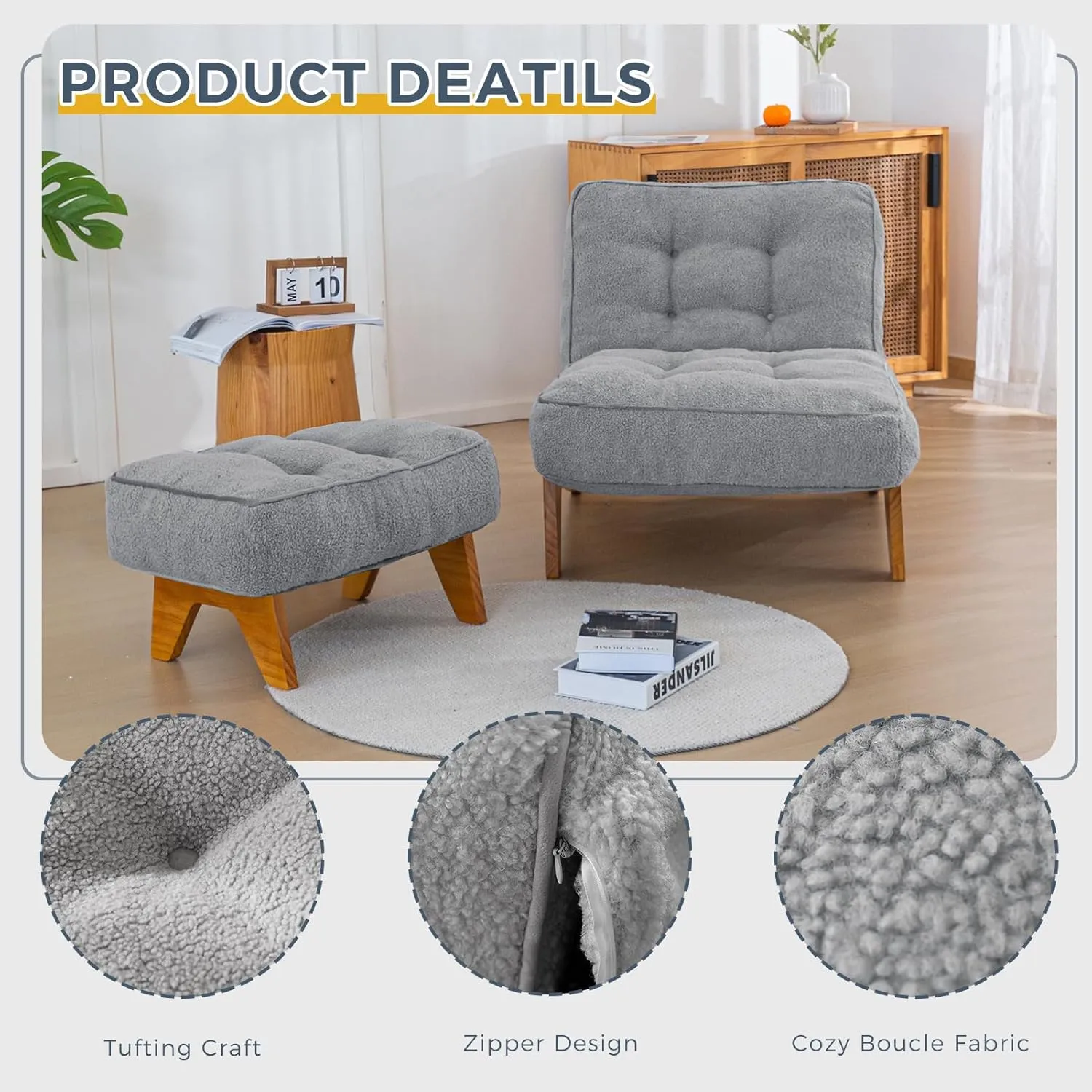 MAXYOYO Adjustable Accent Chair with Ottoman, Thick Cushion Seated Lounge Chair Reclining Chair for Living Room, Cozy Recliner and Footrest Set, Dark Grey