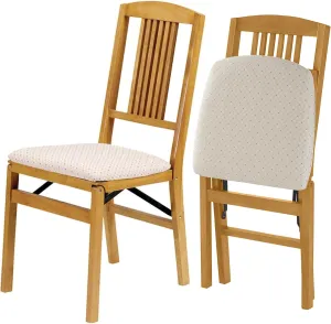 MECO Stakmore Simple Mission Wooden Folding Chairs with Padded Seats, Set of 2 - No Assembly Foldable Dining Chairs, Steel Folding Mechanism, Upholstered Cushion, Space-Saving, Cherry Frame