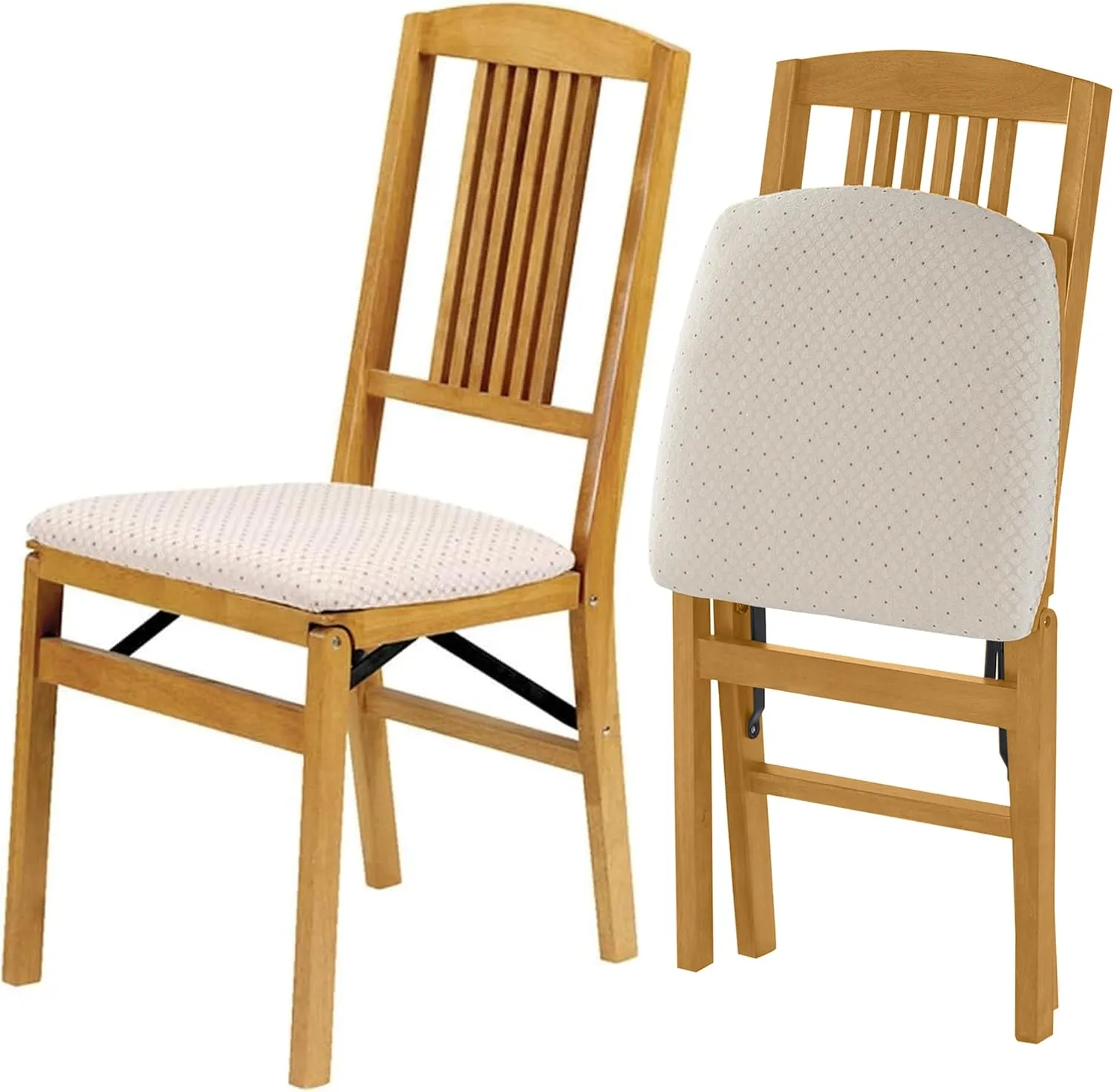 MECO Stakmore Simple Mission Wooden Folding Chairs with Padded Seats, Set of 2 - No Assembly Foldable Dining Chairs, Steel Folding Mechanism, Upholstered Cushion, Space-Saving, Cherry Frame