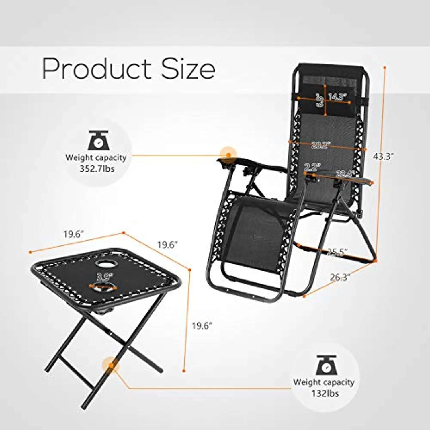 Mecor 3PC Zero Gravity Lounge Chairs Beach Chairs Patio Chairs Adjustable Folding Recliner with Folding Table Outdoor Yard Beach