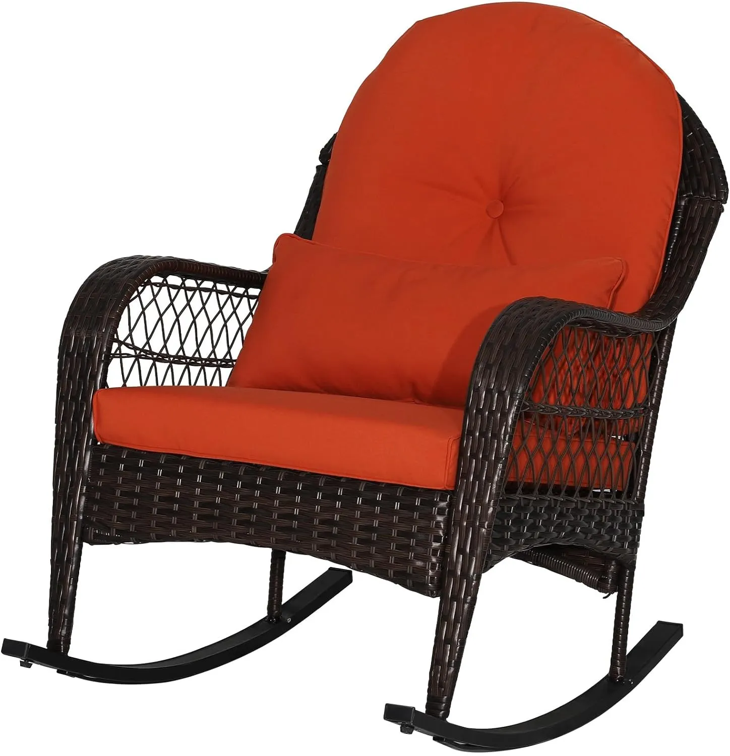 MEDIMALL Outdoor Wicker Rocking Chair, Patio Rattan Rocker w/Lumbar Pillow, Padded Seat & Back Cushions, Metal Frame, Mix Brown Wicker Furniture for Balcony, Porch, Deck, Backyard (Red)