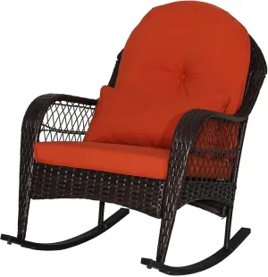 MEDIMALL Outdoor Wicker Rocking Chair, Patio Rattan Rocker w/Lumbar Pillow, Padded Seat & Back Cushions, Metal Frame, Mix Brown Wicker Furniture for Balcony, Porch, Deck, Backyard (Red)